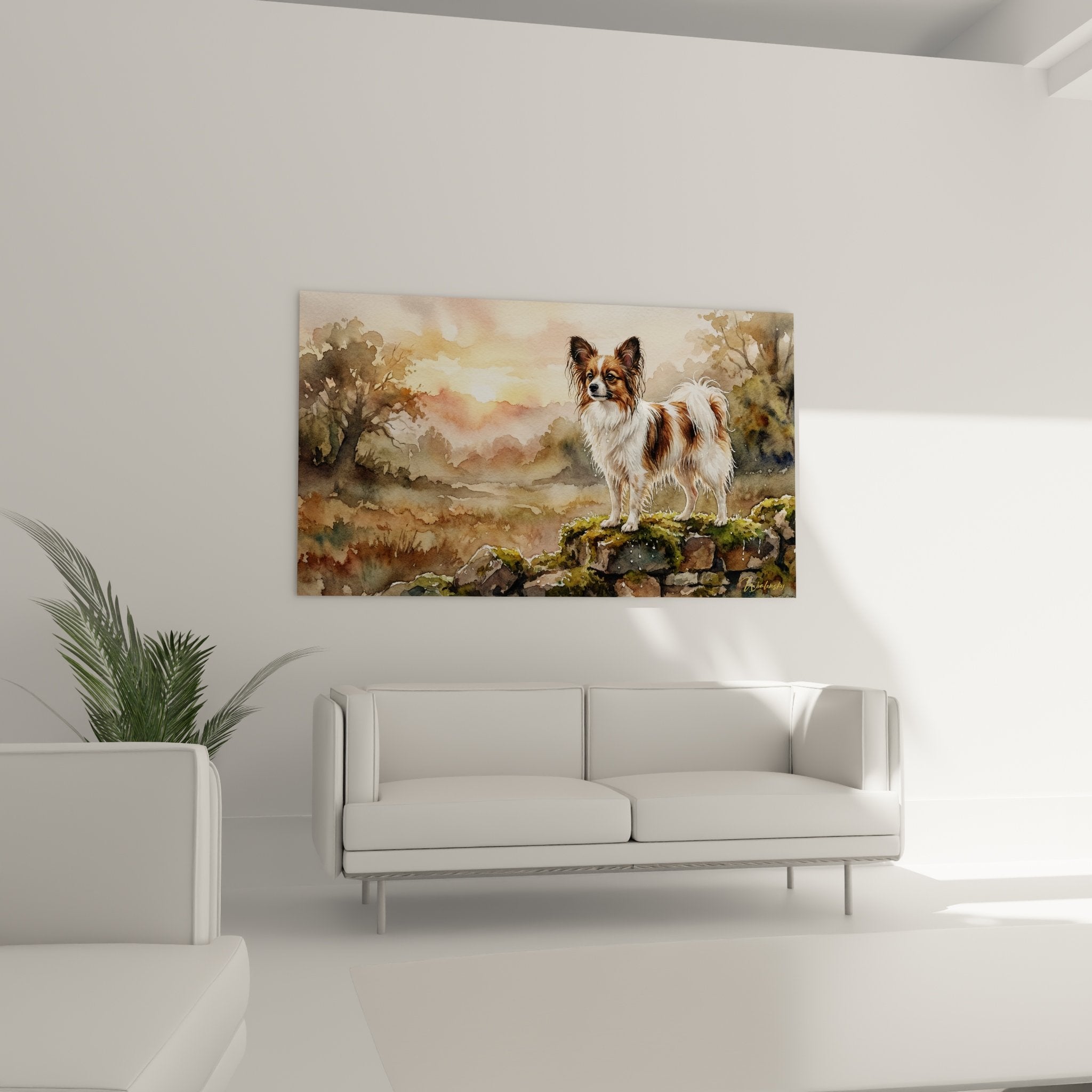 Détail aquarelle Chien Papillon, pelage blanc et fauve, technique picturale délicate et fluide