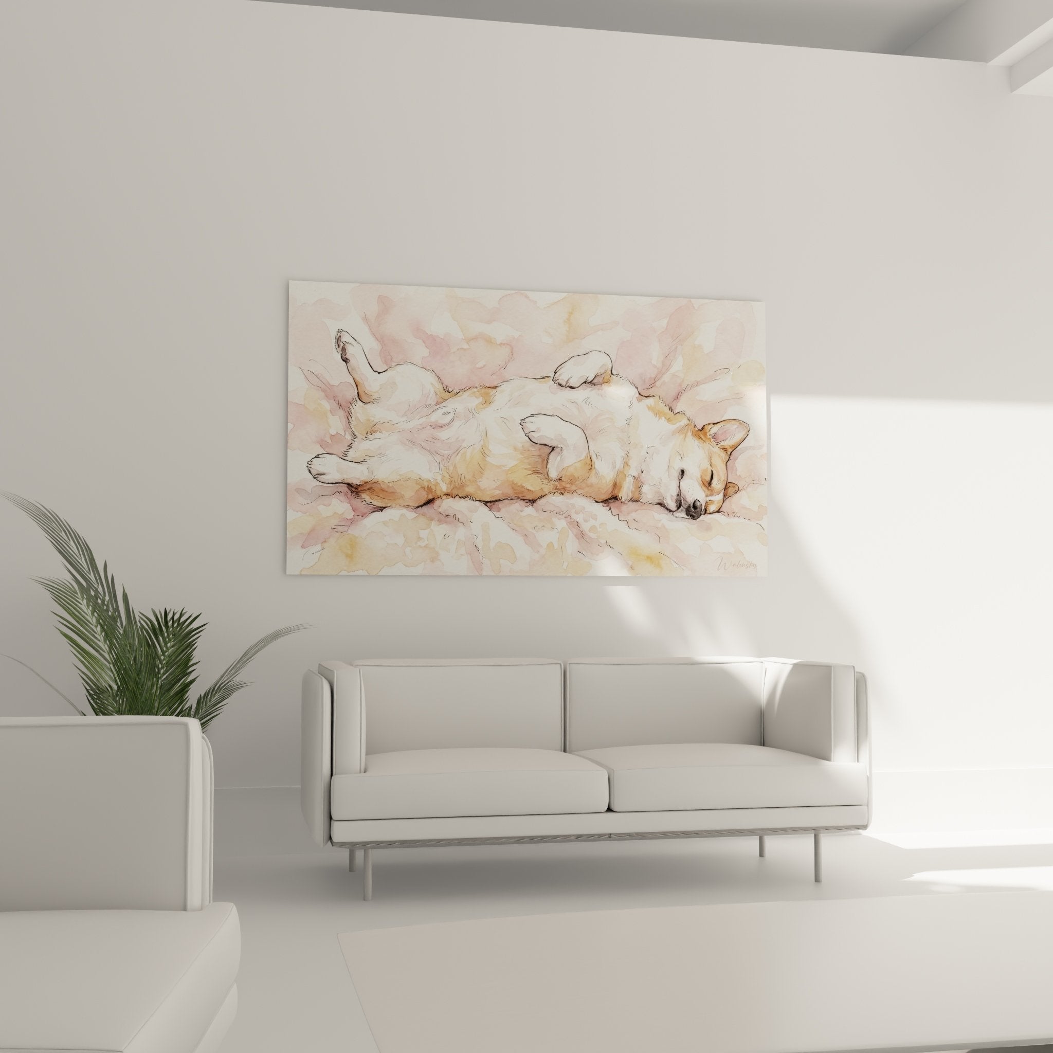 Détail aquarelle chien endormi technique lavis roses beiges texture pelage