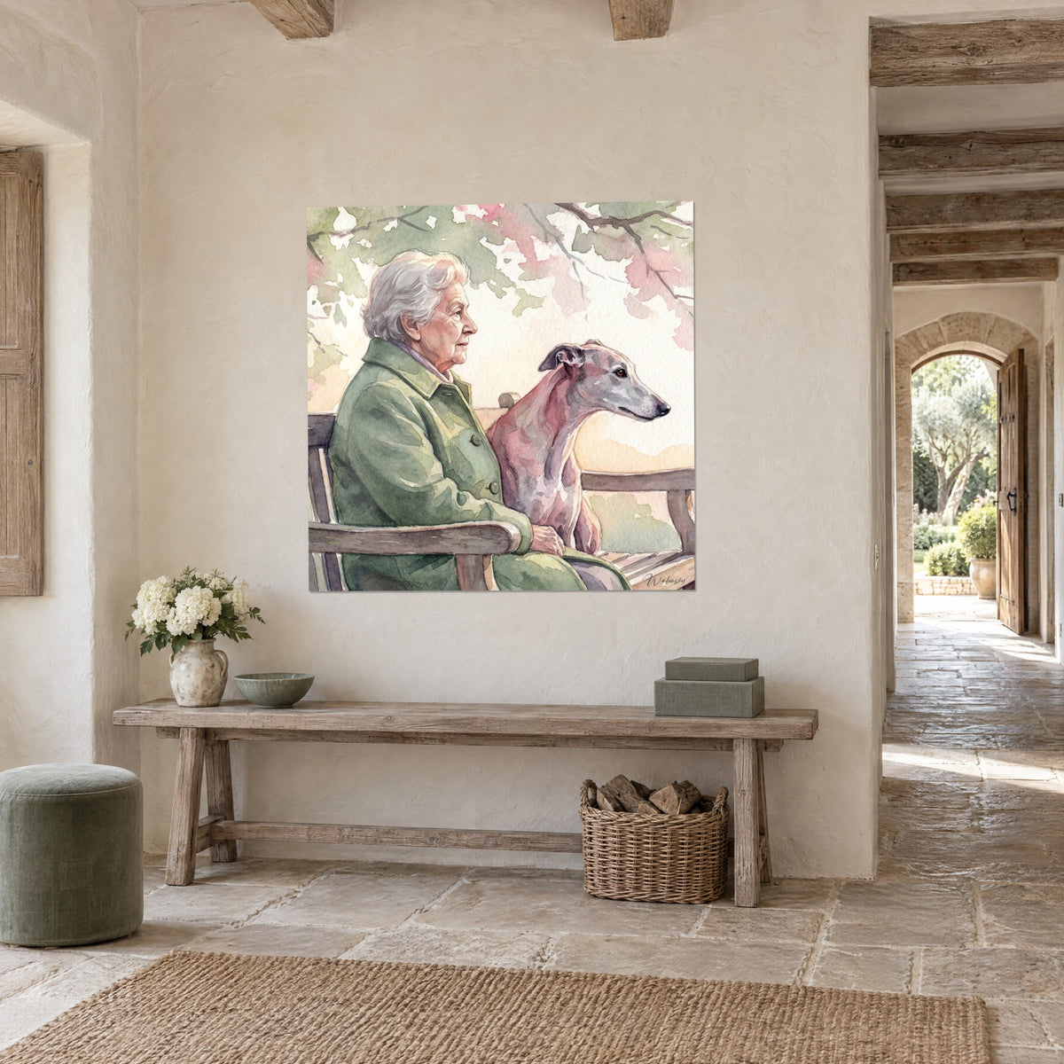 Schilderij van een mauve en roze windhond naast een grootmoeder in een groene jas, kersenbloesemtakken, stenen huis, driekwart zicht