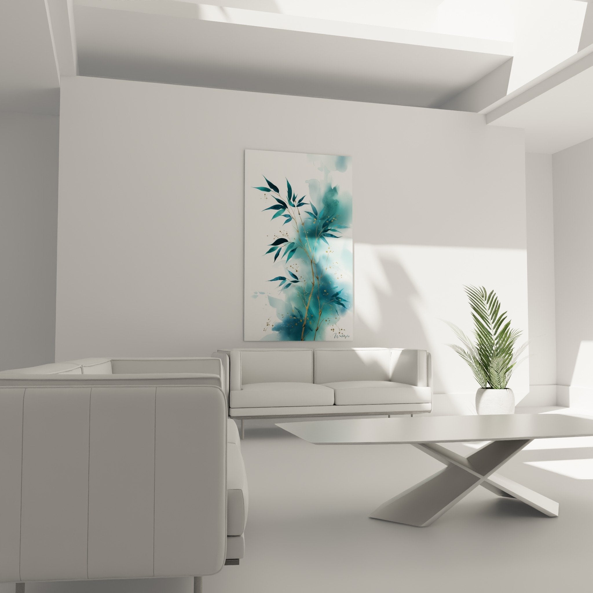 Detail aquarelle bleue feuillages dores projections artistiques tableau feng shui nord eau