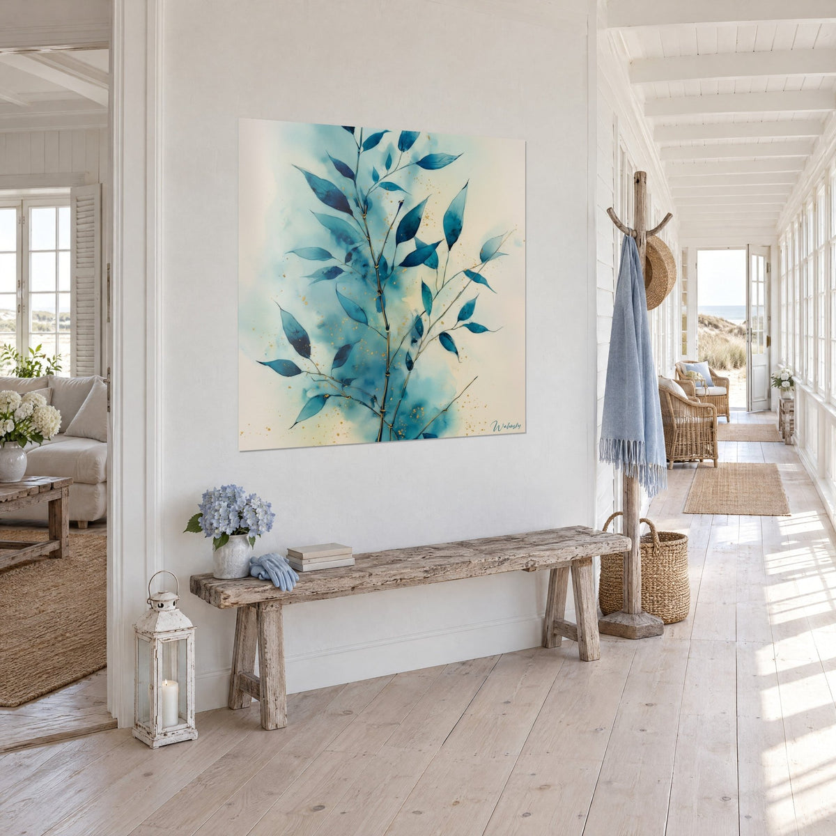 Wall art slender branch with petrol blue leaves and gold dots, ivory background, above a rustic wooden bench