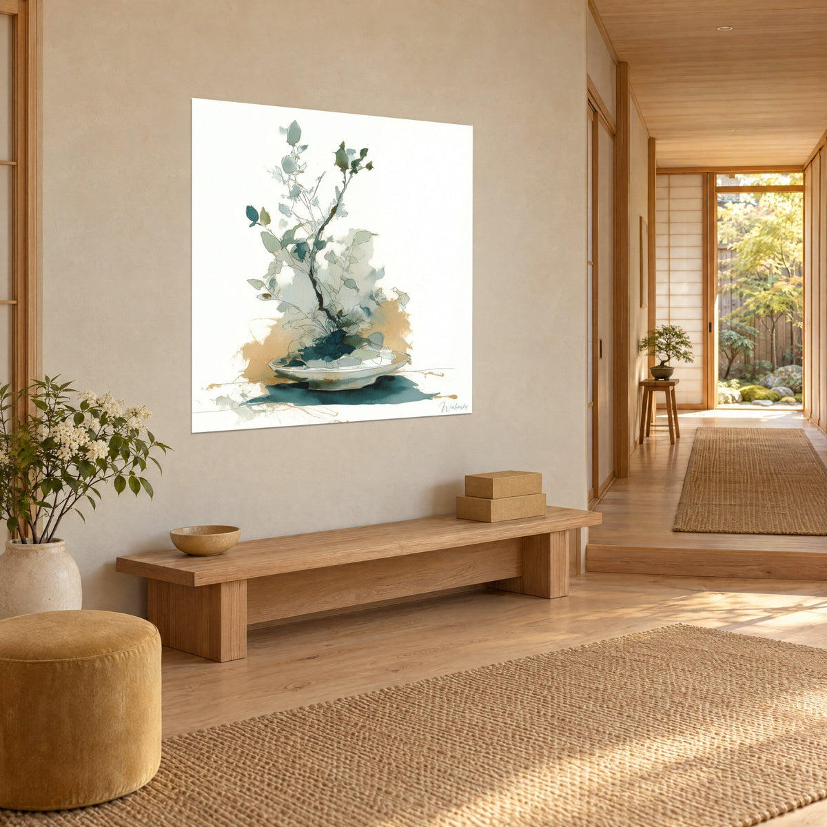 Cuadro ikebana en acuarela, tallo esbelto con hojas verde grisáceo y sombra azul verdosa, colgado junto a un banco de madera clara