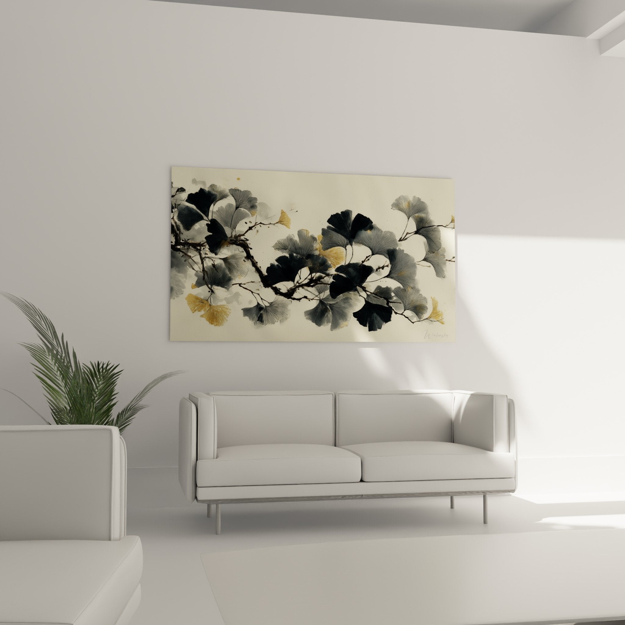 Détail aquarelle feuilles ginkgo nuances gris noir touches dorées transparences délicates technique artistique