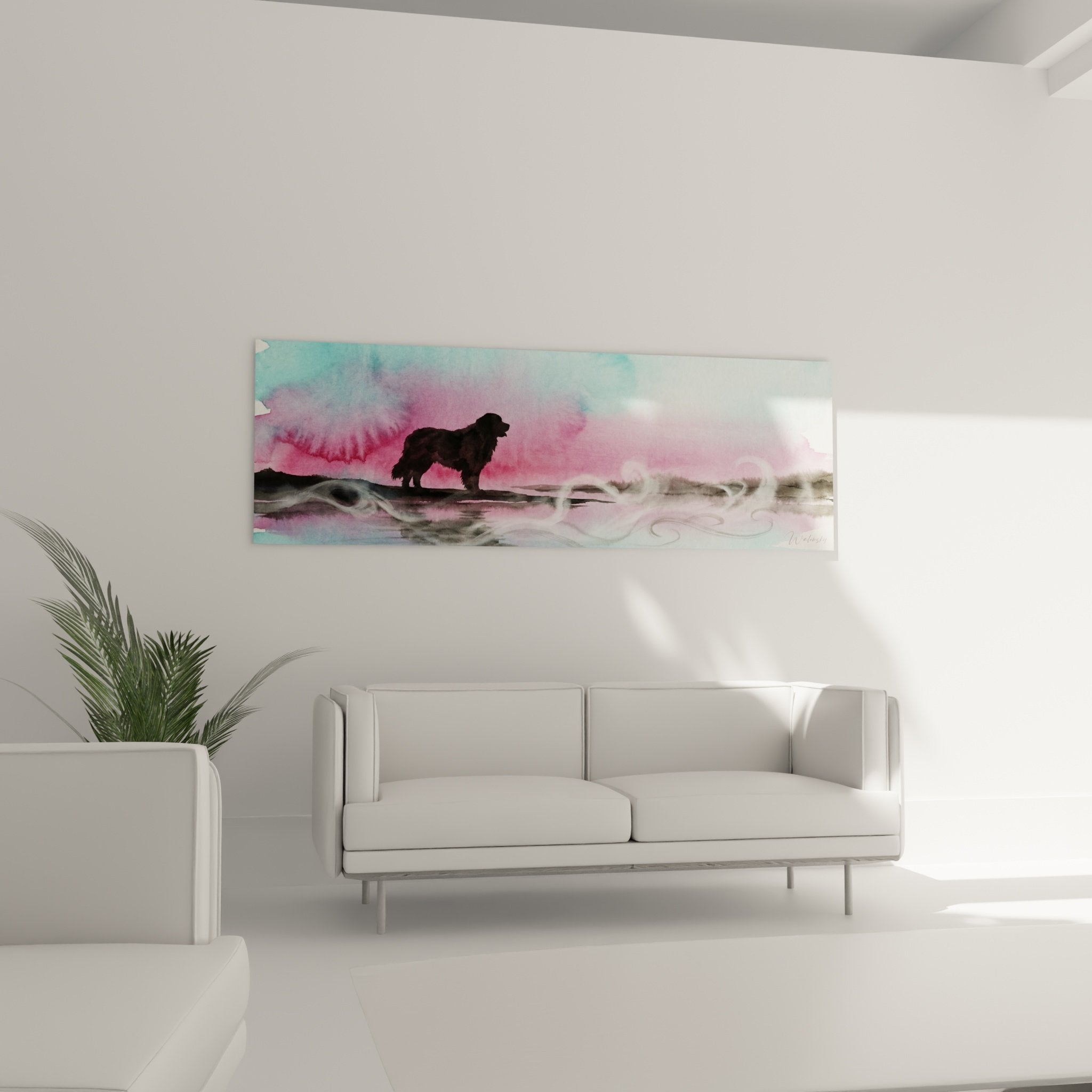 Détail aquarelle Leonberg silhouette chien noir contraste nuages roses turquoise technique picturale