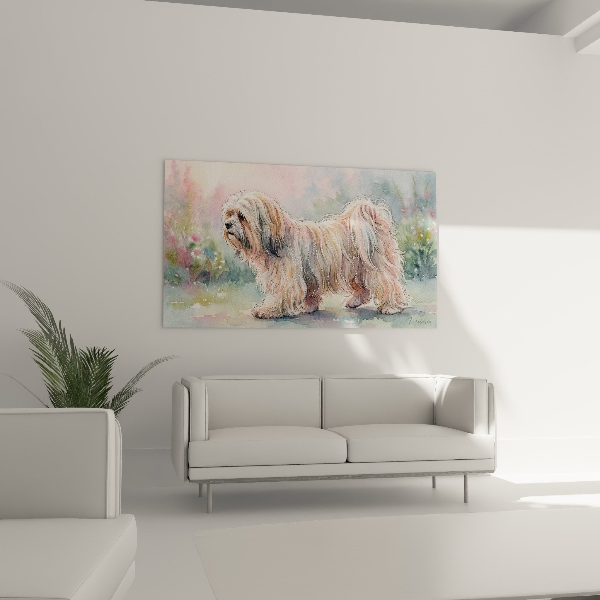 Détail aquarelle Lhassa Apso pelage doré technique transparences art animalier