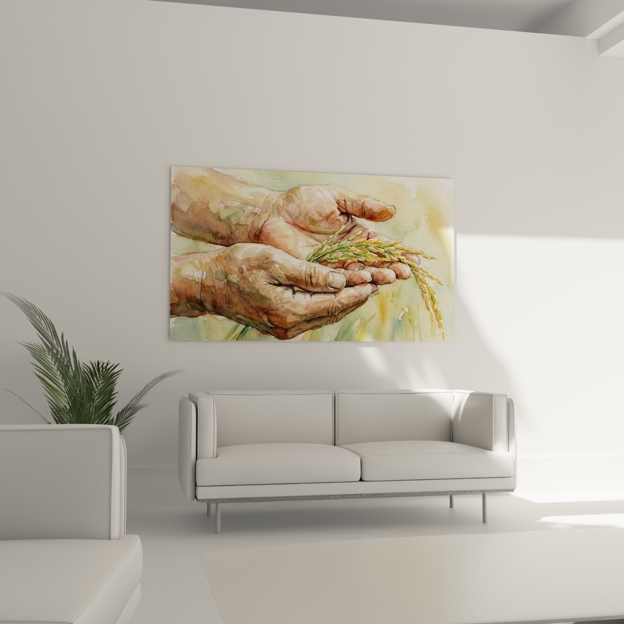 Détail aquarelle mains ridées tenant épis dorés technique peinture traditionnelle