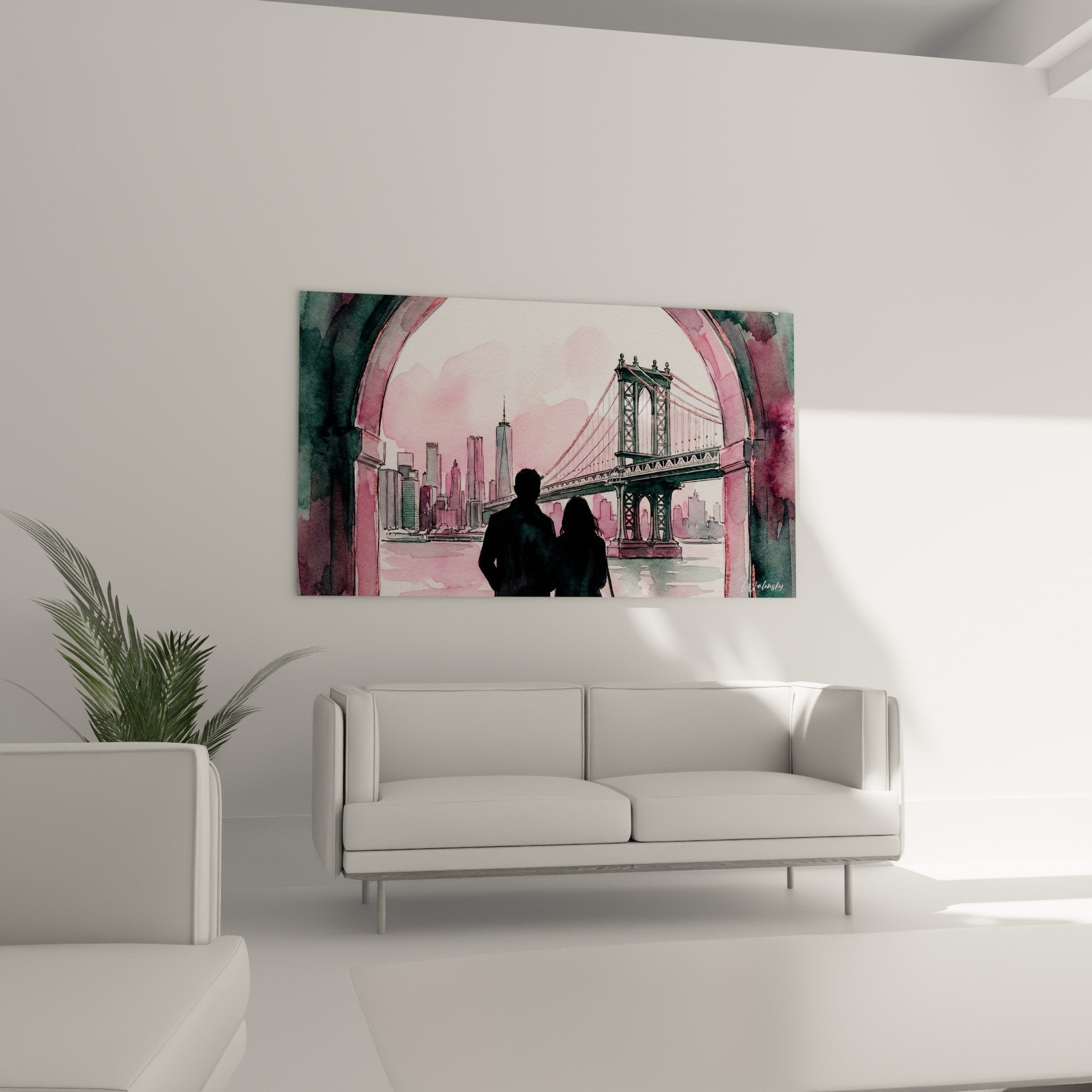 Détail aquarelle Manhattan silhouettes couple pont couleurs roses turquoises technique artistique