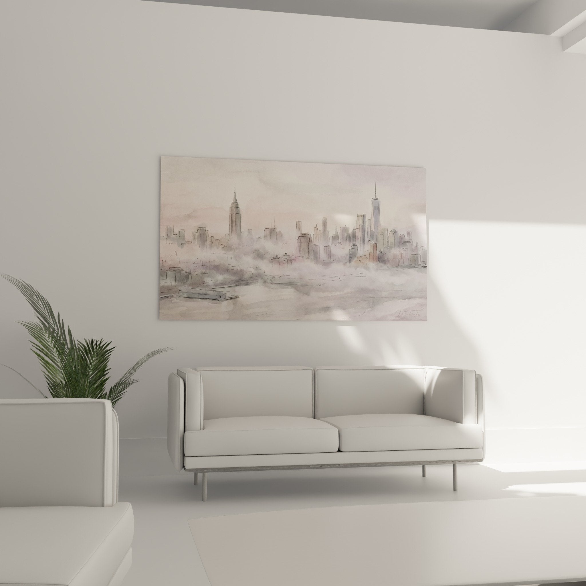 Détail aquarelle Manhattan technique transparence couleurs roses grises vapeur entre gratte-ciel texture artistique