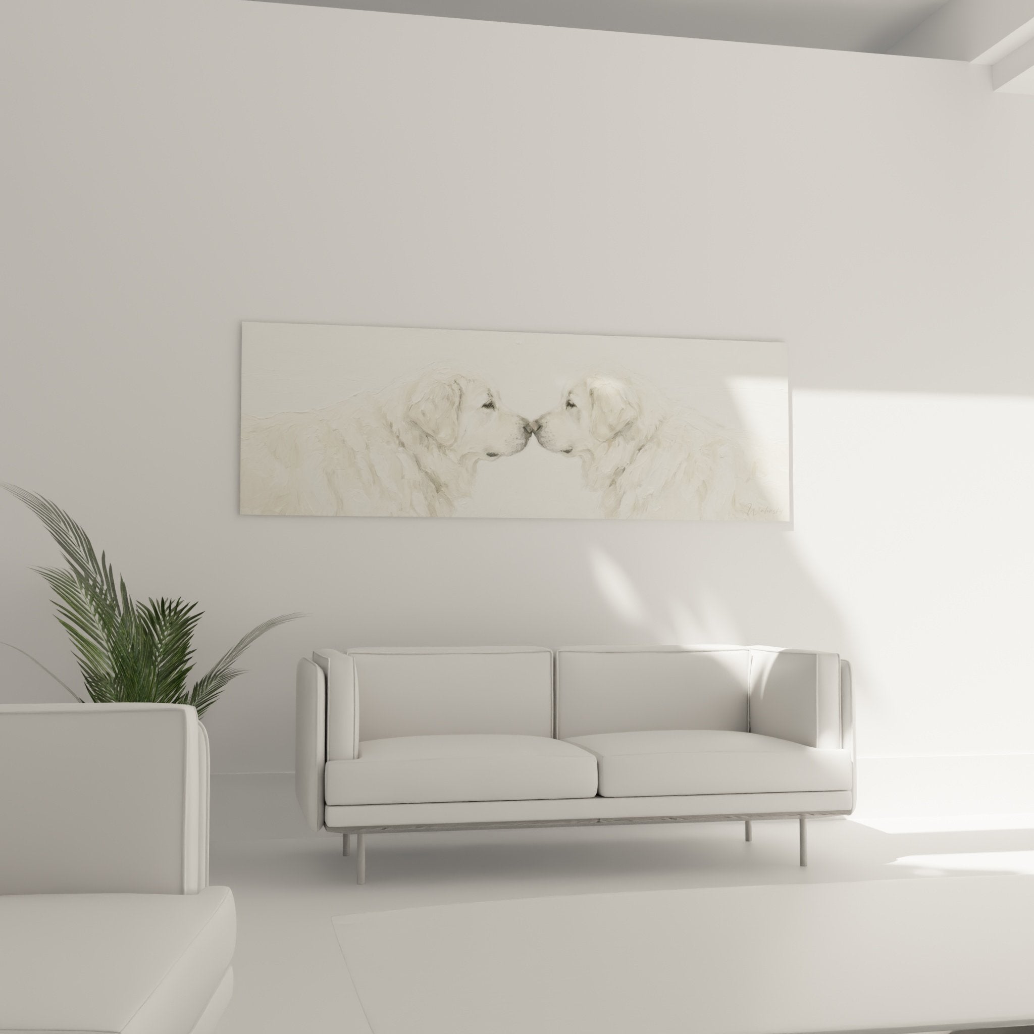 Detail aquarelle museaux chiens Leonberg blancs technique picturale douce