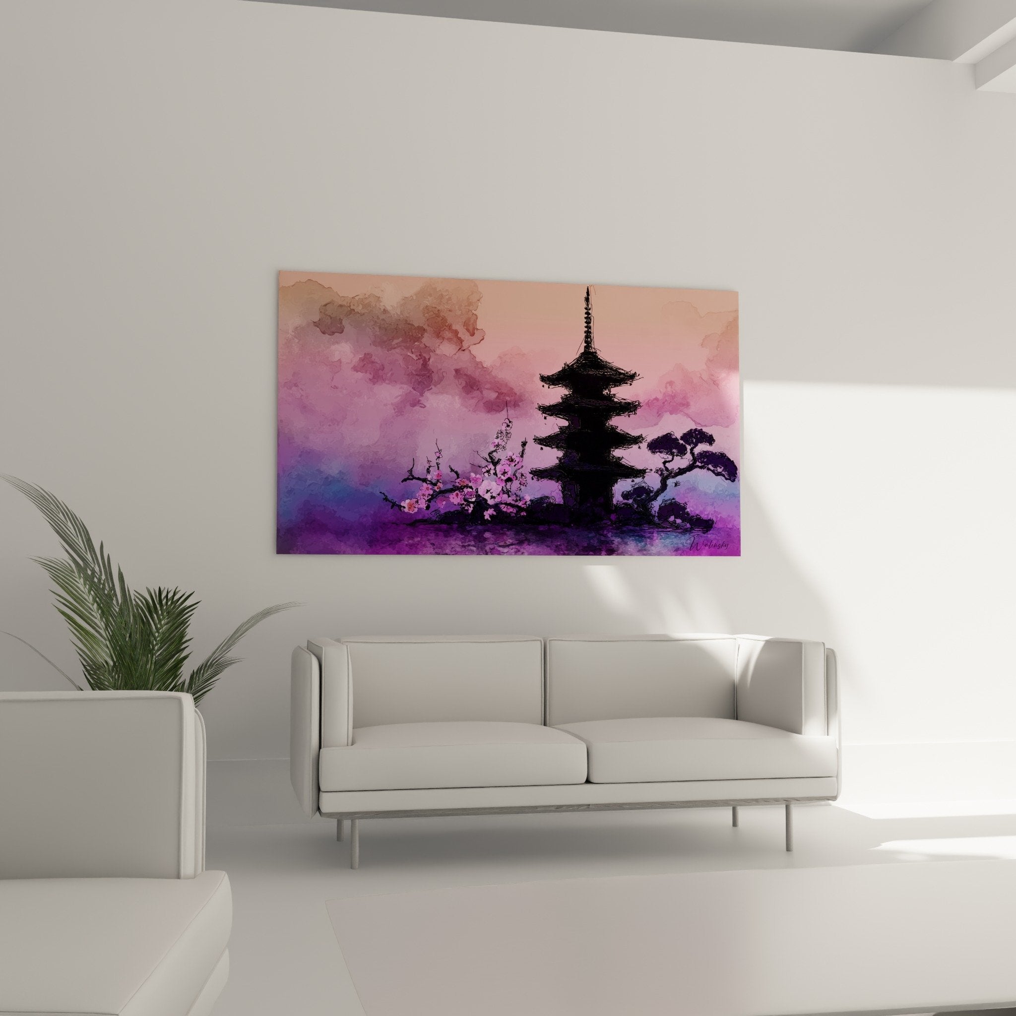 Detail tableau aquarelle pagode japonaise nuances roses violettes technique peinture orientale zen