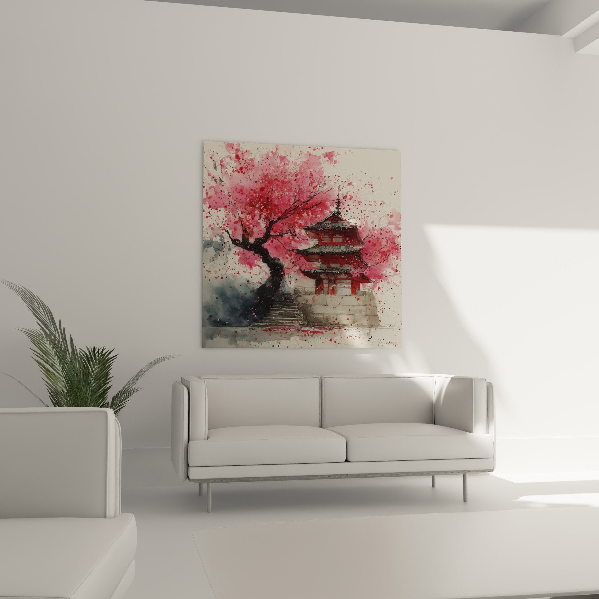 Tableau Pagode Temple Rouge Cerisier Fleurs Roses