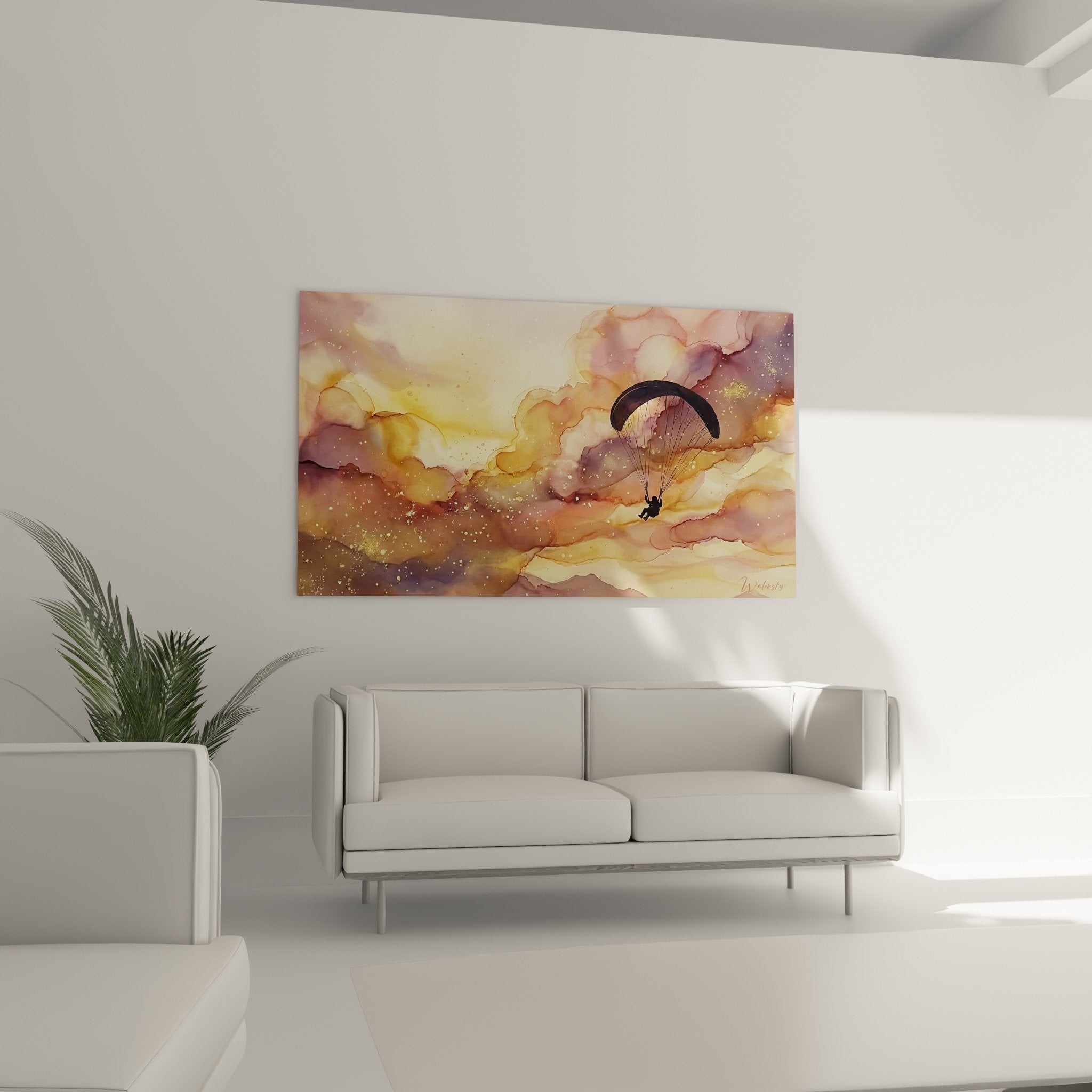 Aquarell-Detailausschnitt Gleitschirm goldene violette Farben künstlerische Technik Wolken