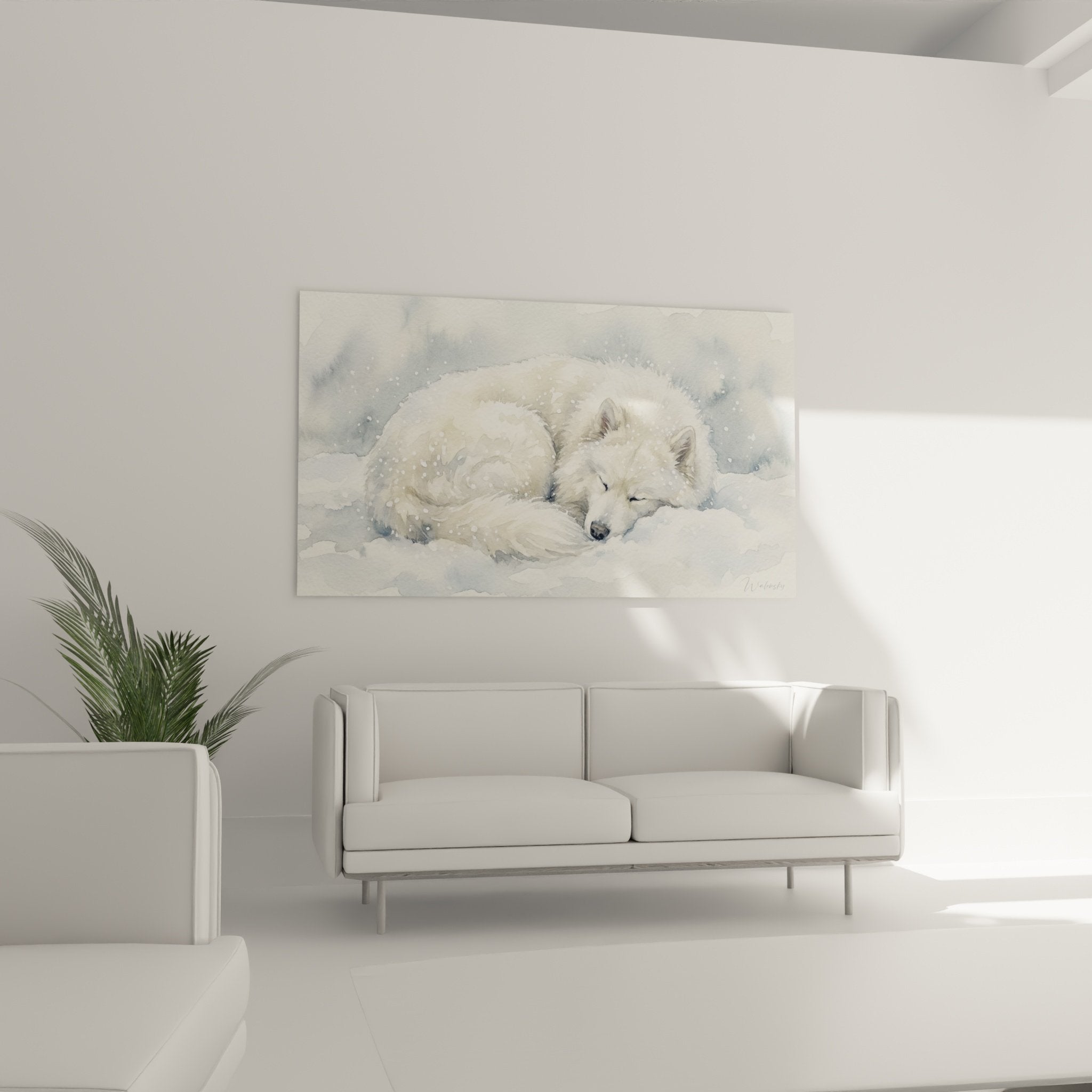 Detail aquarelle pelage blanc samoyede texture duveteuse flocons neige technique pinceau