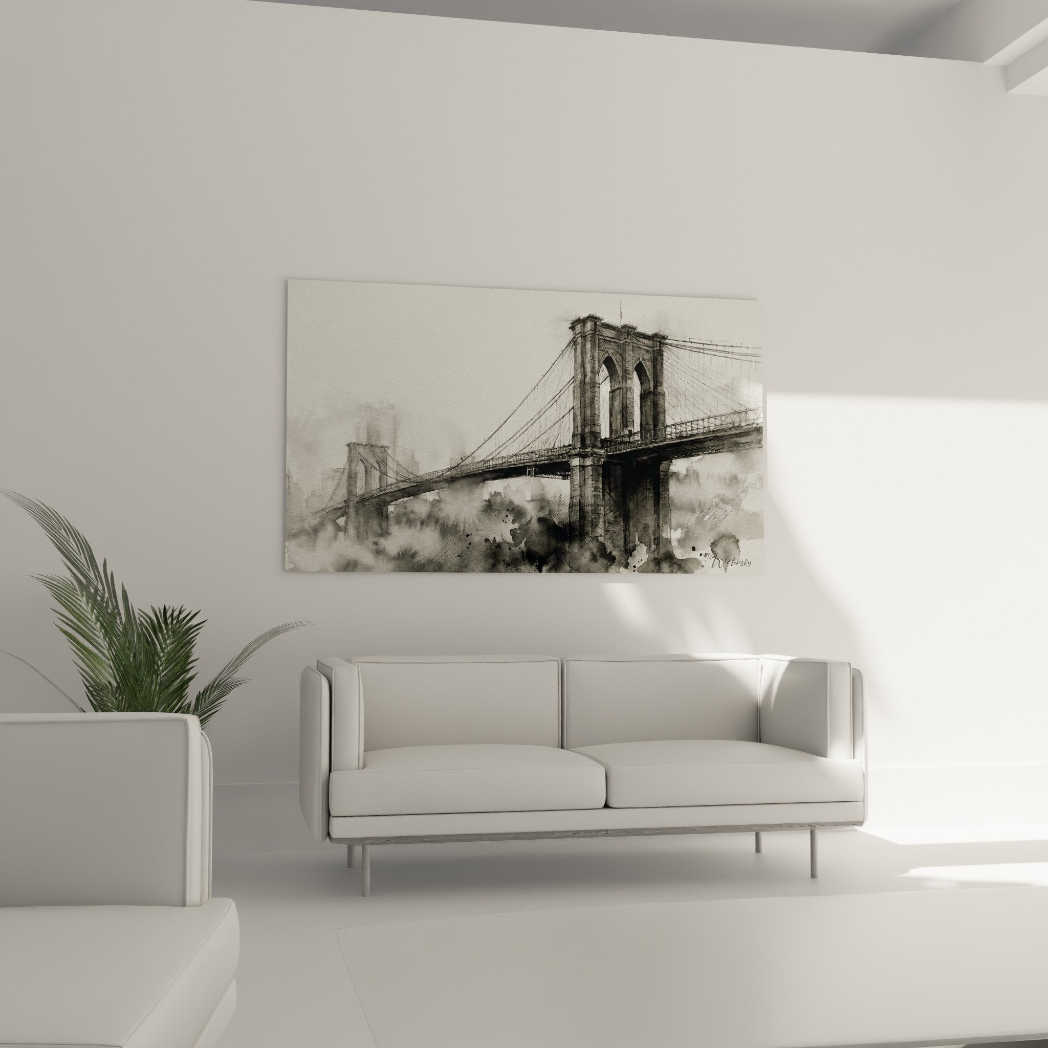 detail aquarelle pont brooklyn arches gothiques cables brume gris anthracite