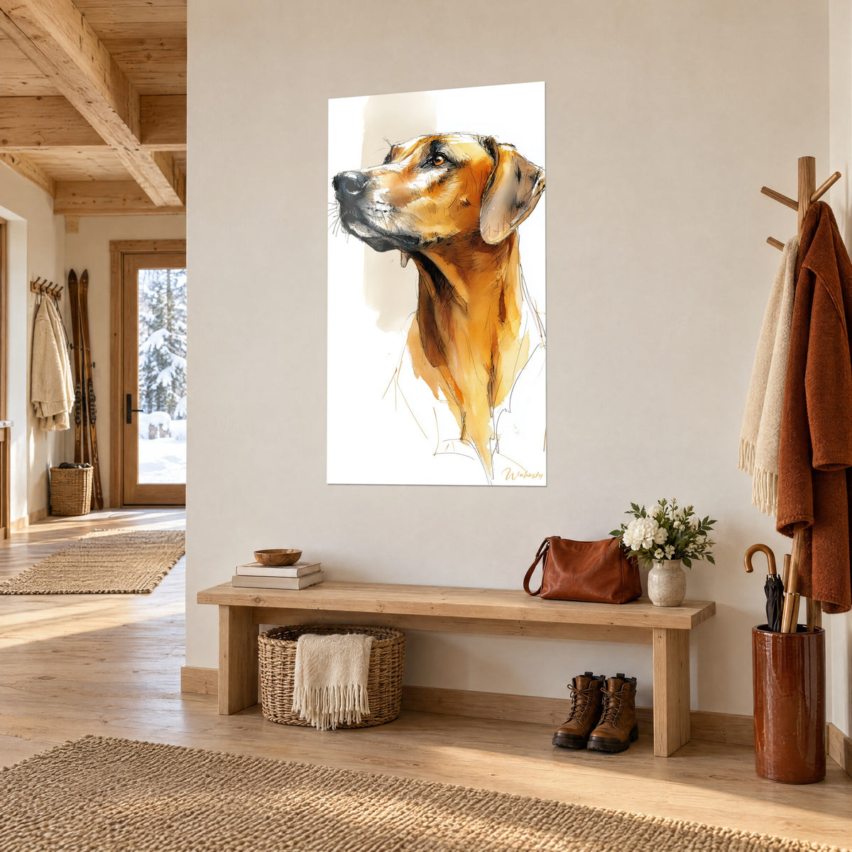 Πίνακας Rhodesian Ridgeback σε προφίλ, μπεζ κρεμαστό αυτί και κεχριμπαρένιο μάτι, γραμμές από μαύρο μελάνι, ξύλινος πάγκος στην είσοδο καλυβιού