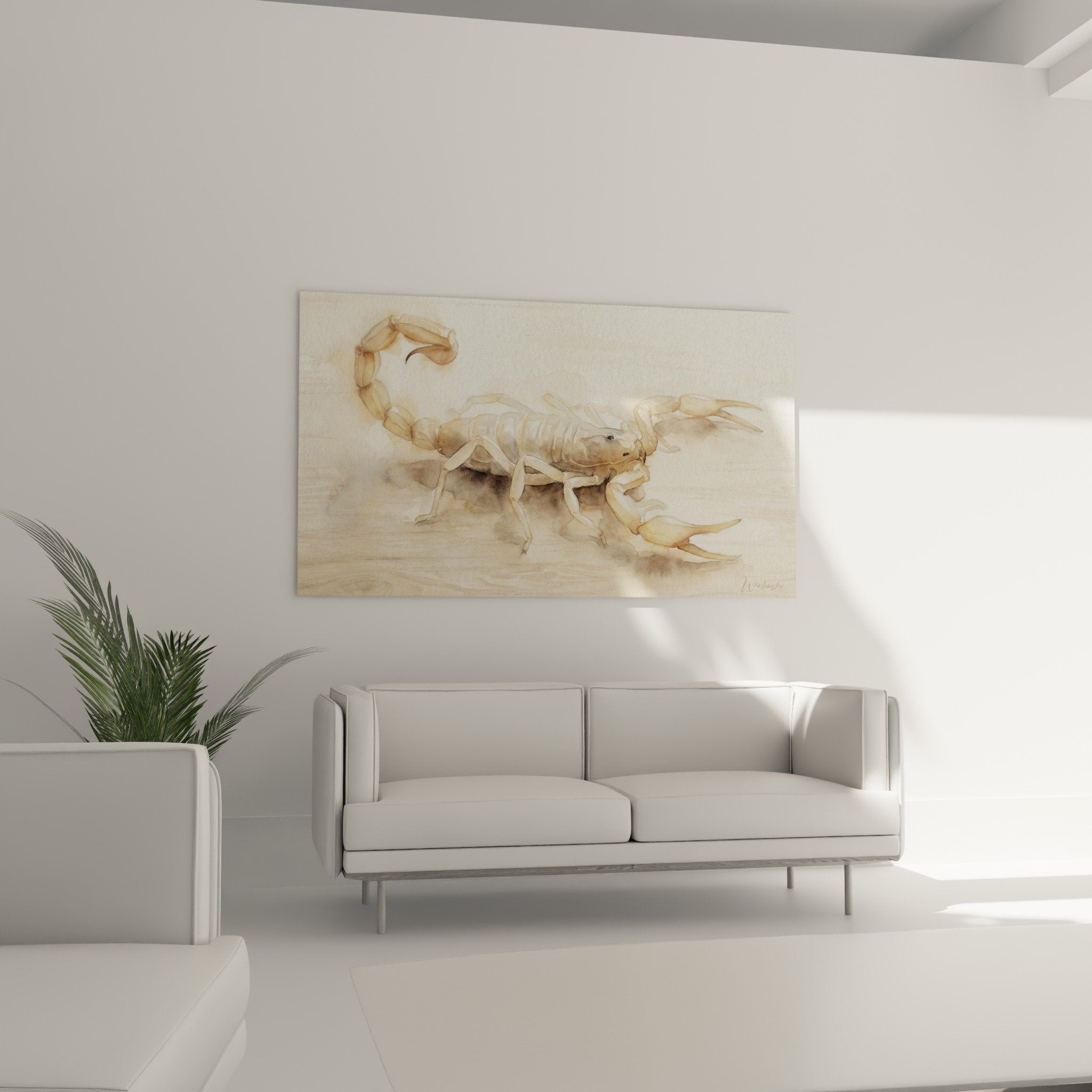 Aquarelldetail Skorpion, beige und ockerfarbe Glasuren, feines Rendering von Segmenten und Scheren, naturalistische Technik