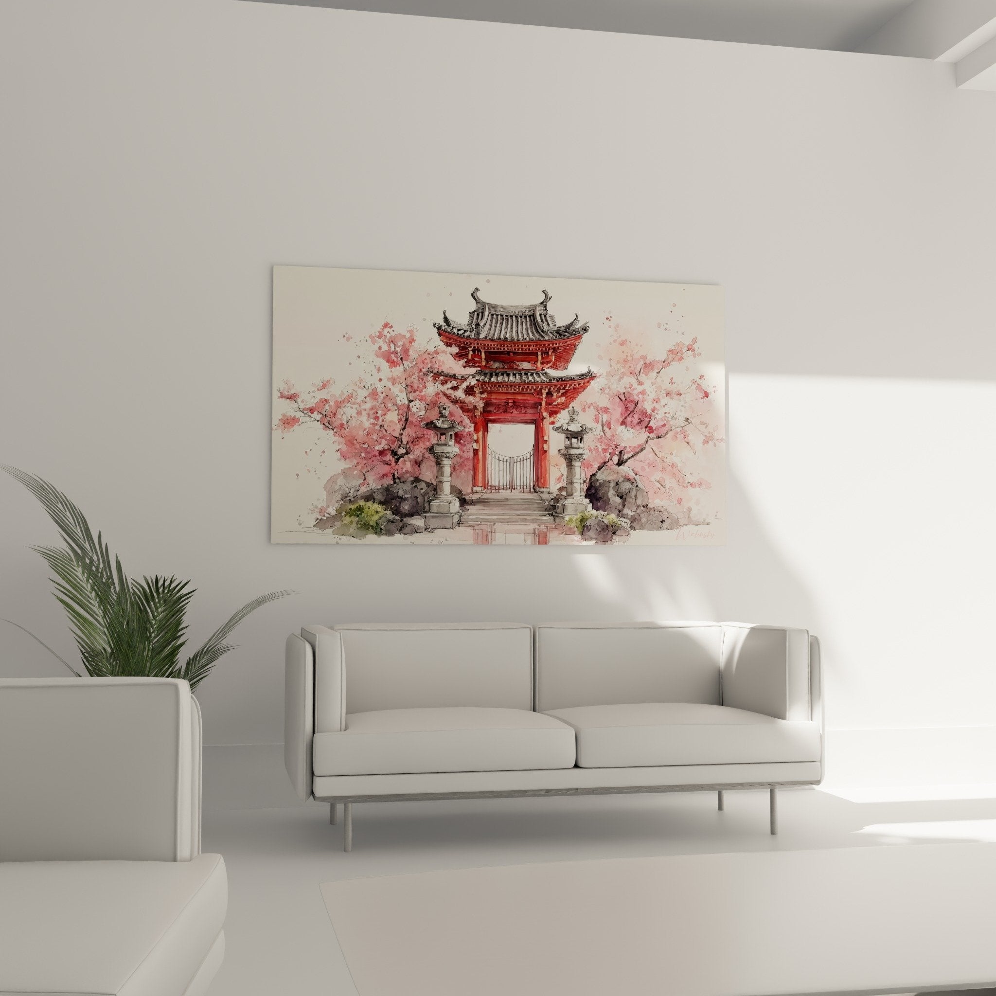 Watercolor detail Japanese red temple traditional roof cherry blossom flowers pink painting technique