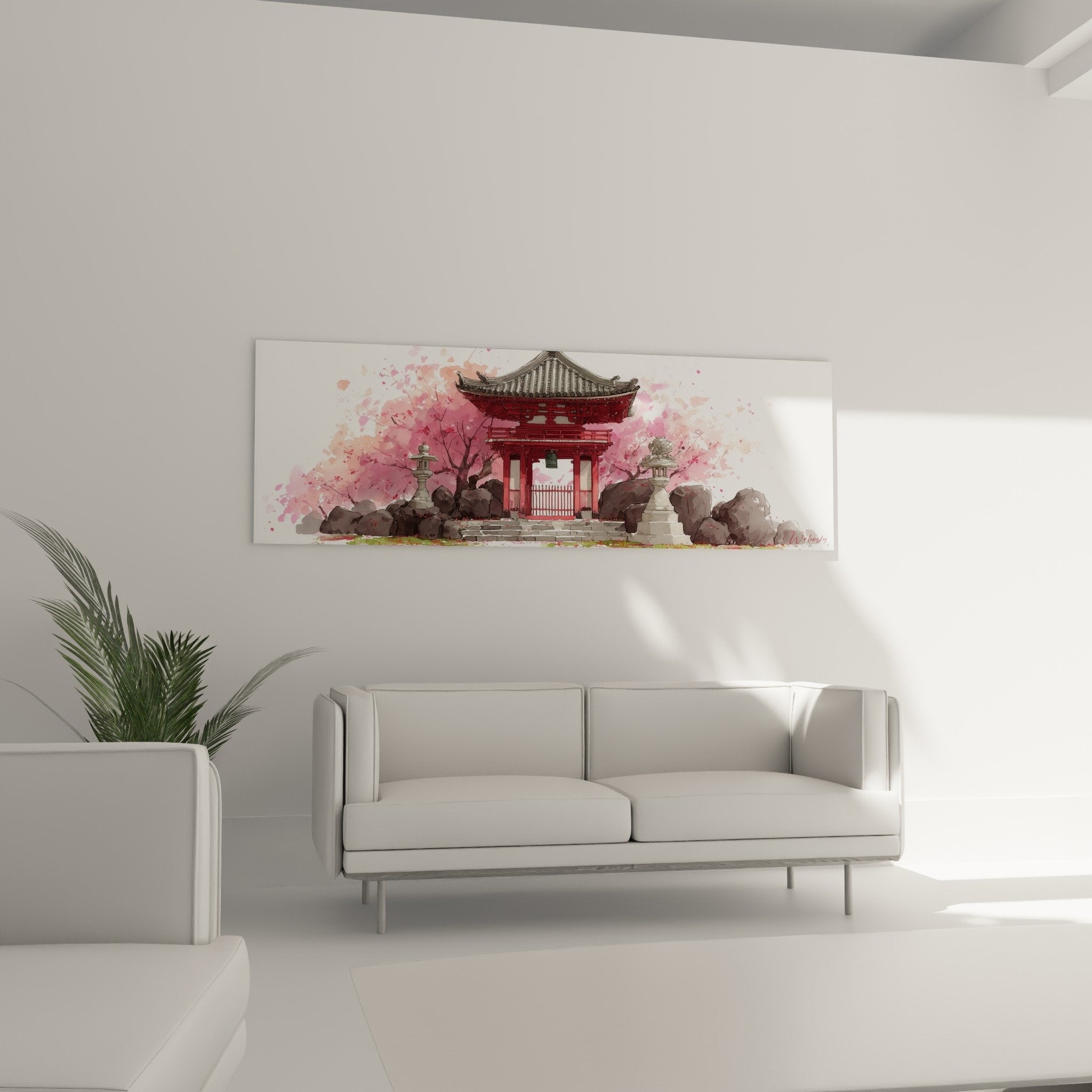 Watercolor detail Japanese red temple, torii painting technique with pink splashes