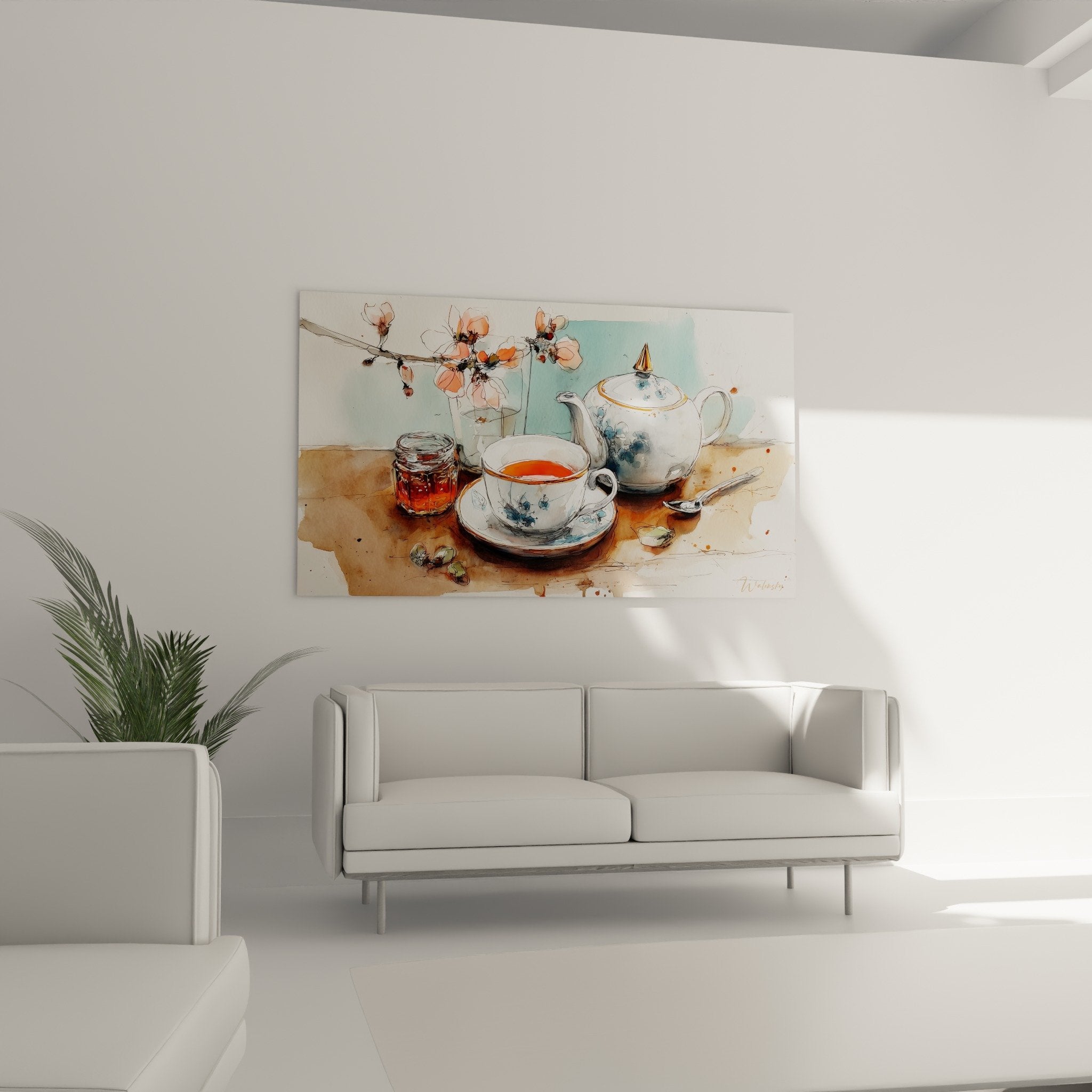 Détail aquarelle théière porcelaine blanche motifs bleus tasse thé ambré branche fleurs roses art japonais