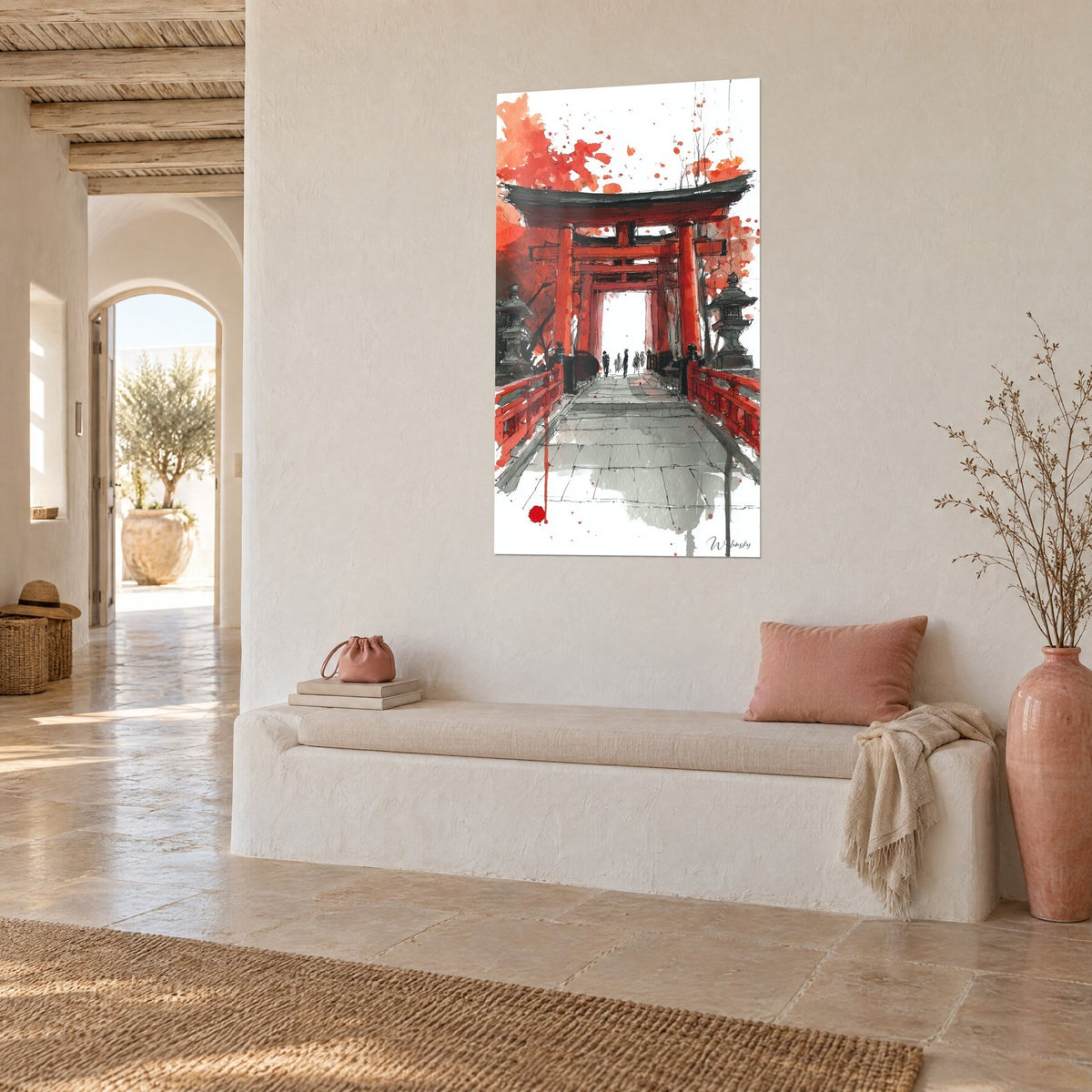 Wall art red torii gate with lacquered railings, grey stone lanterns, white bench and pink vase, three-quarter view in a light hallway