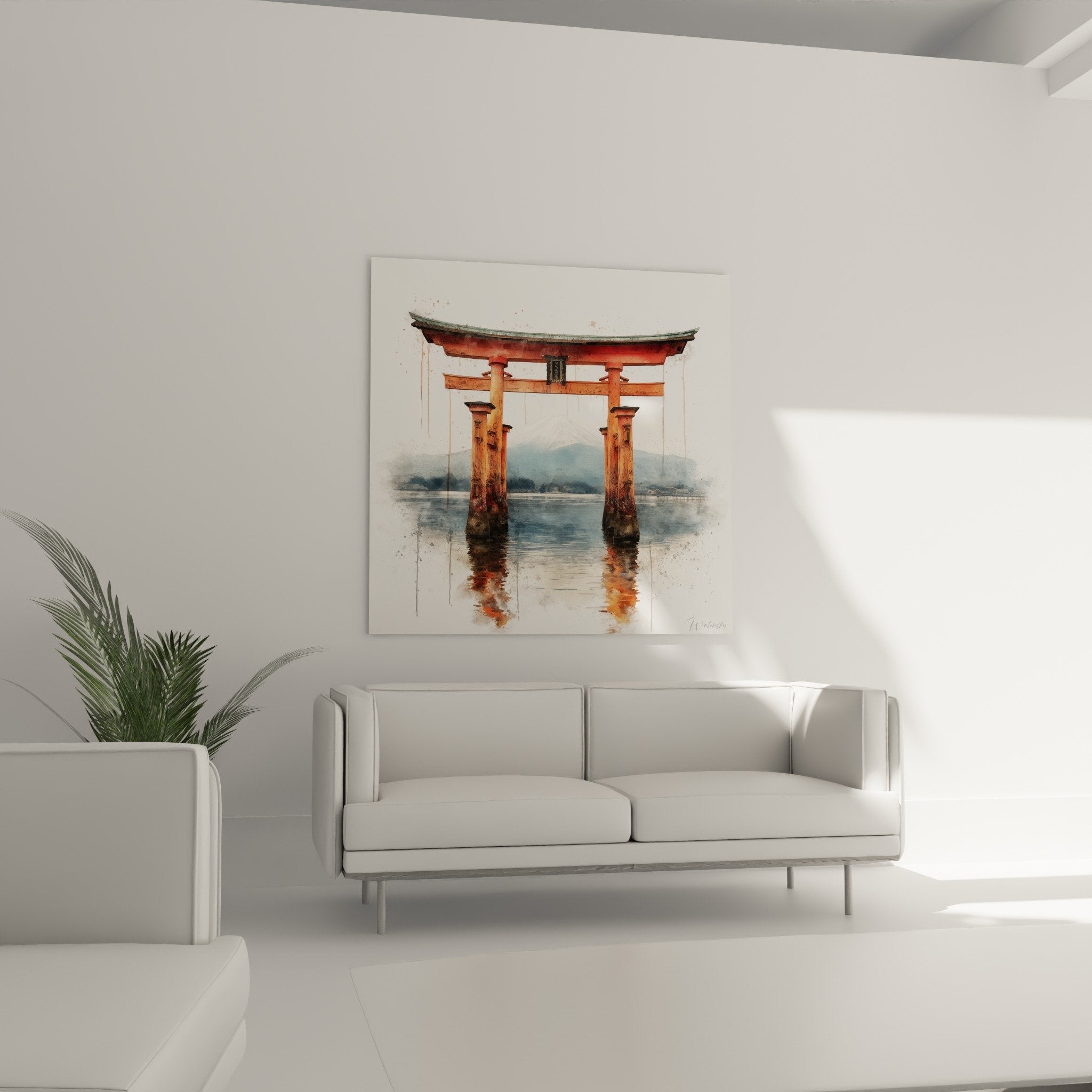 Détail aquarelle torii vermillon techniques coulures transparences reflets eau style artistique japonais contemporain