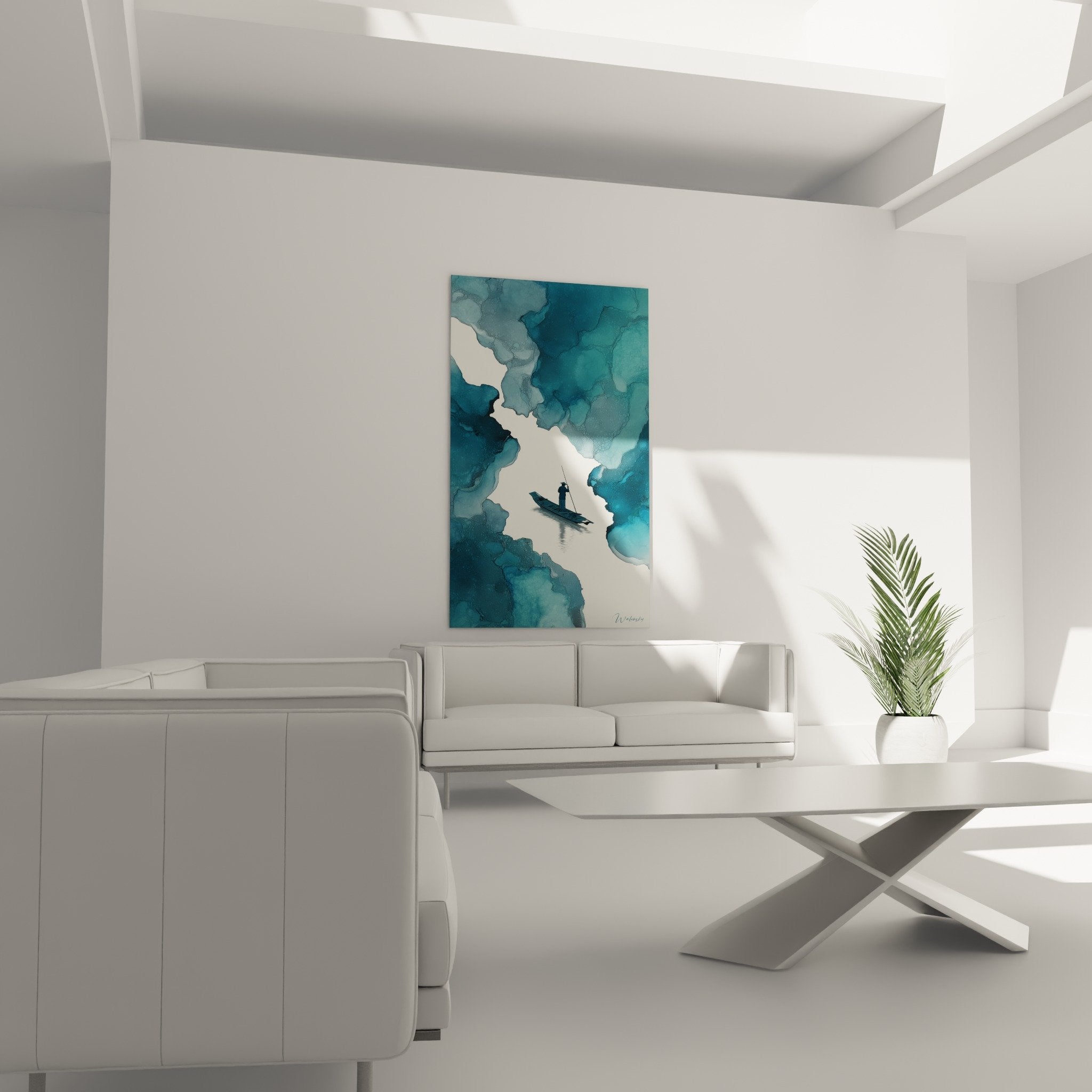 Technical detail fluid watercolor turquoise blue ocean shades feng shui north water artwork