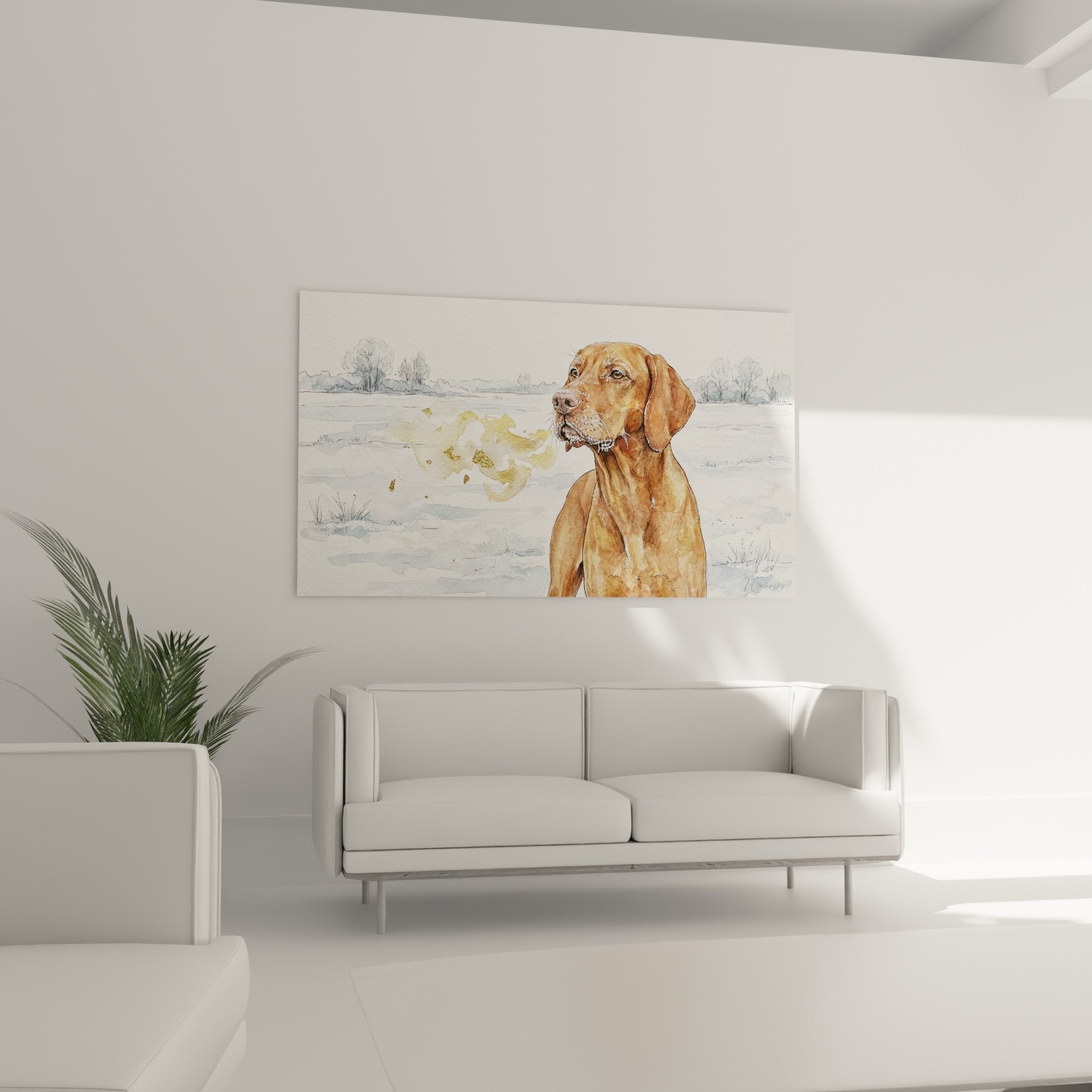 Detail aquarelle Vizsla pelage roux cuivre respiration vapeur doree hiver