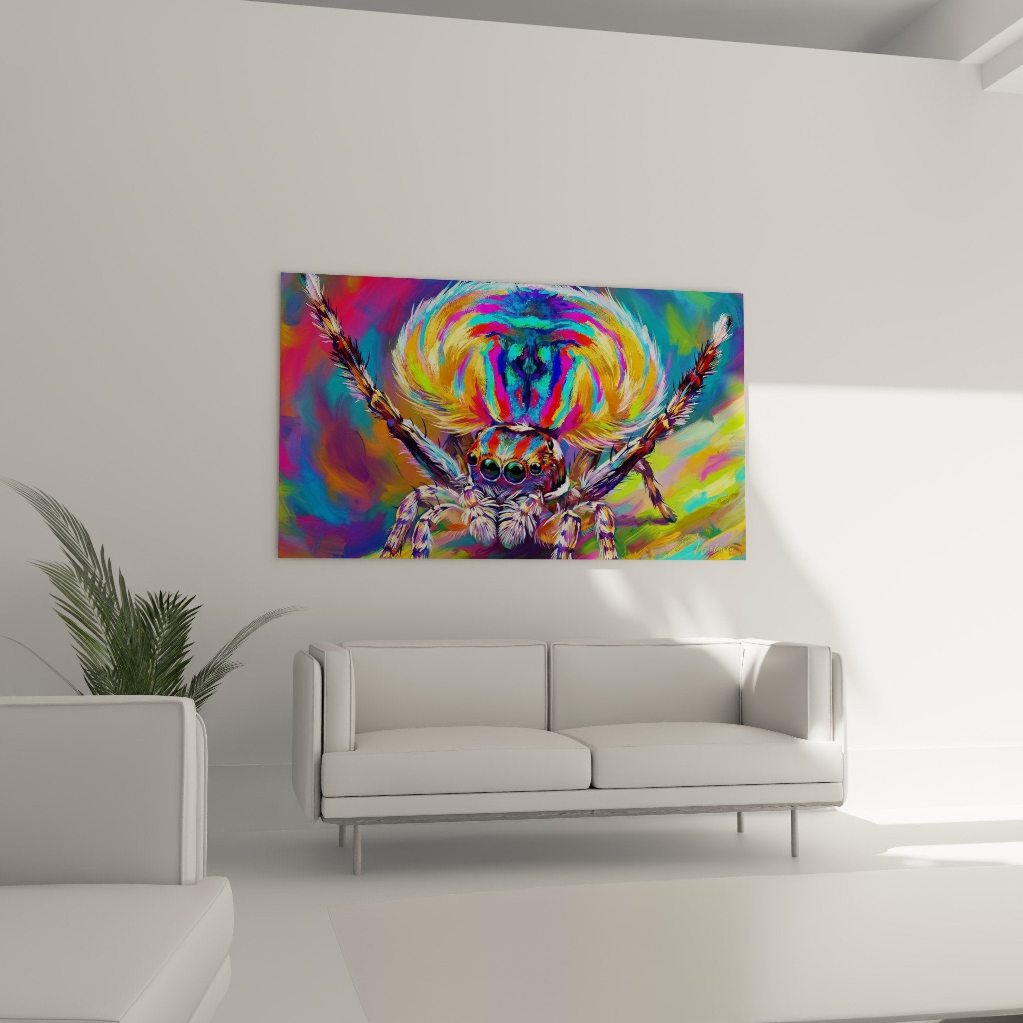 détail tableau araignée couleurs vives magenta cyan orange yeux émeraude pattes velues art numérique moderne