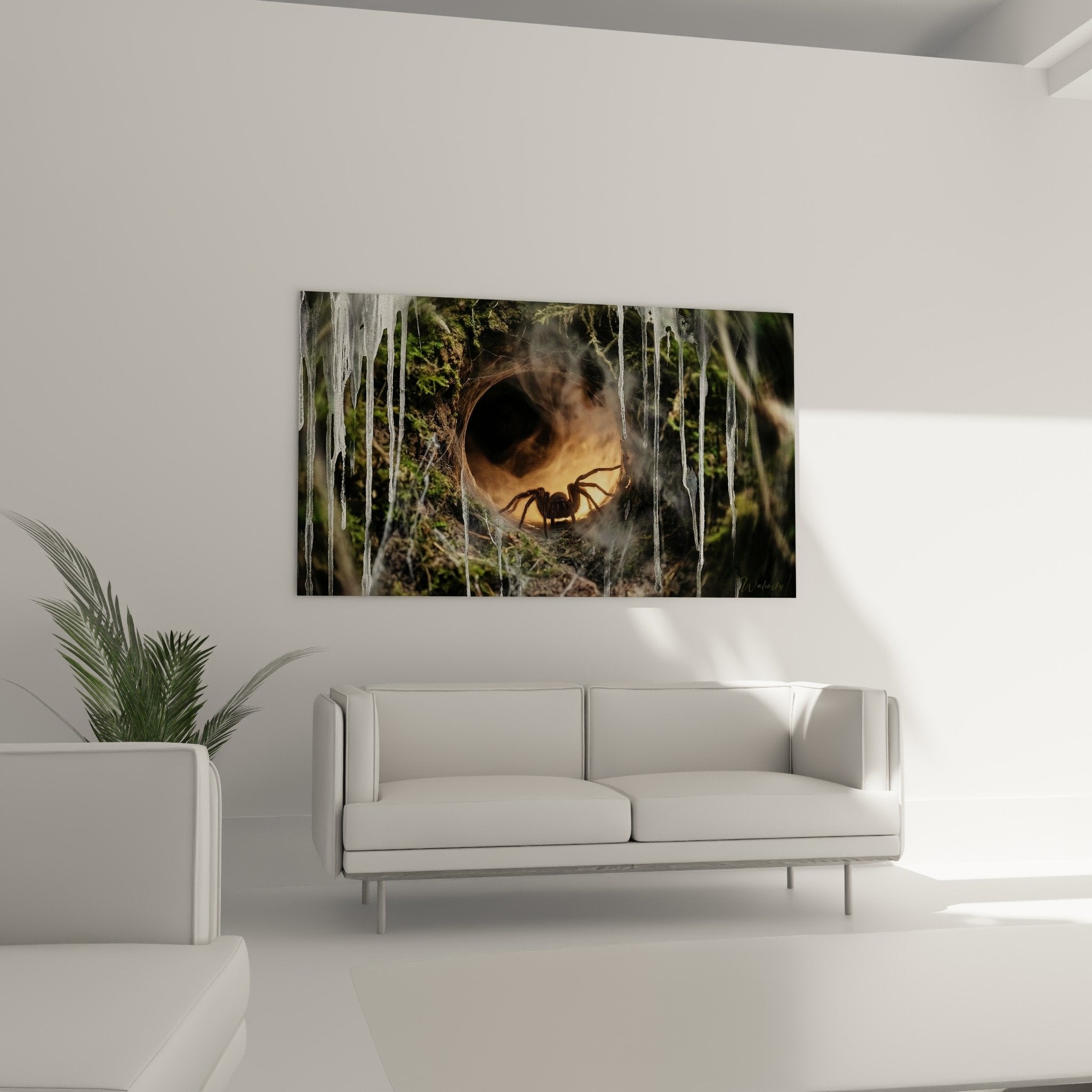 Spinnentabelle Detail Beine schwarze Silhouette Leinwand Kristalle Eis Licht Kontrast