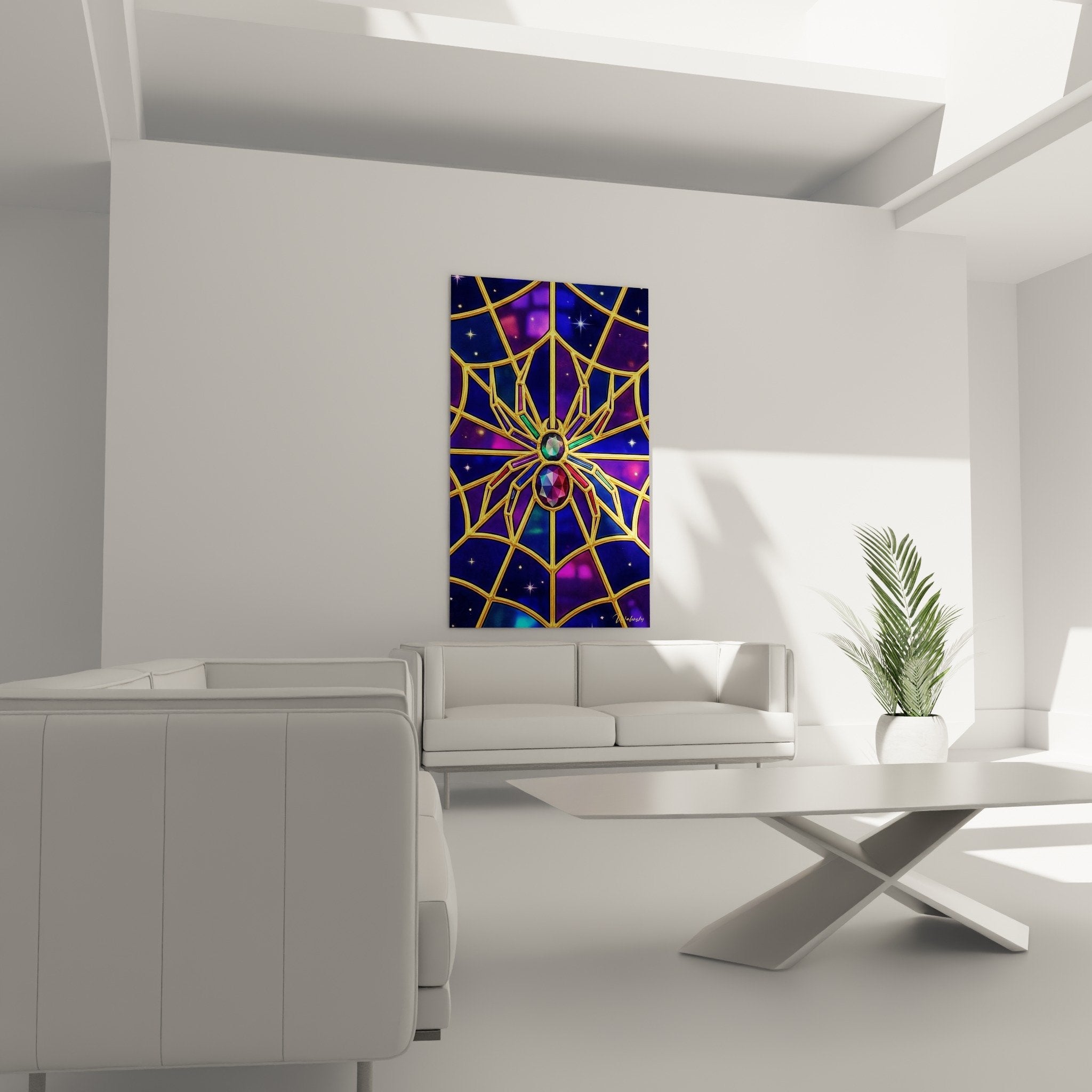 Detail der kostbaren Spinne mit Türkis und violettem Rubin auf goldenem geometrischem Leinwand