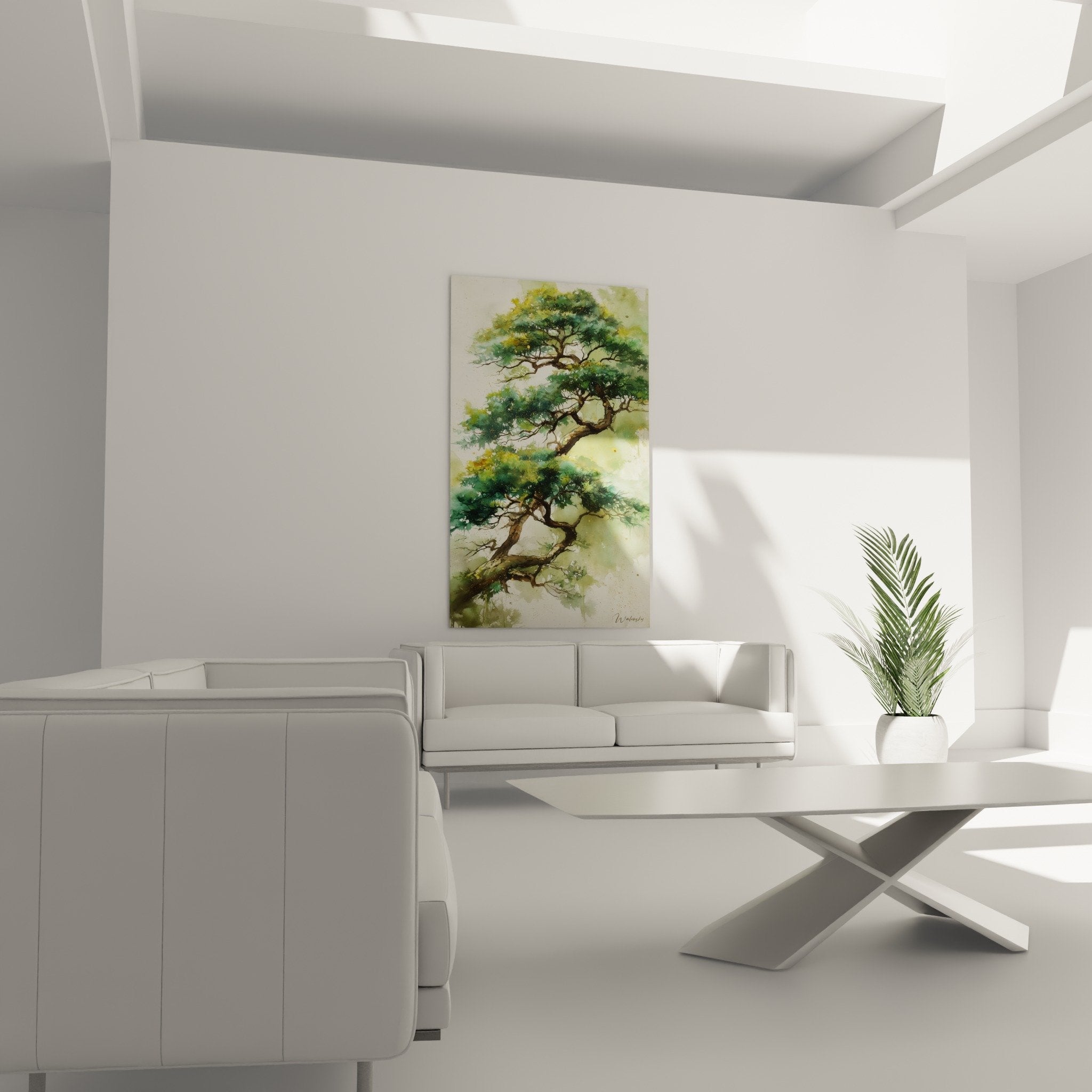 Detail grüner Baum Aquarell verschlungene Äste Jade-Smaragd-Töne Feng Shui Ost Holz Technik