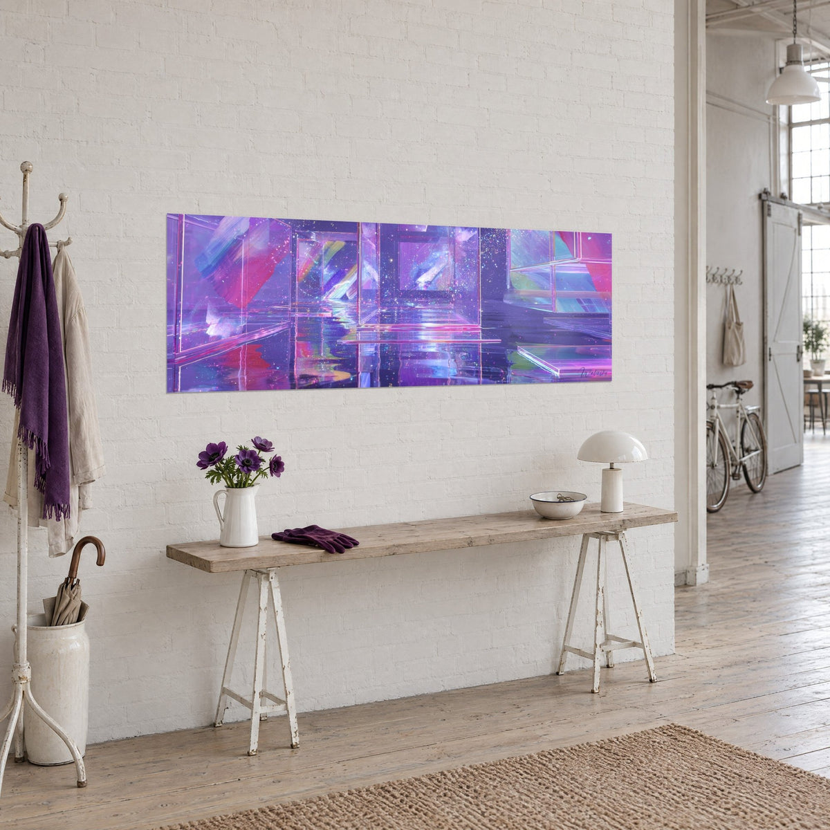 Wall art of an iridescent glass display corridor, magenta and turquoise flashes on an indigo background, hung above a wooden console