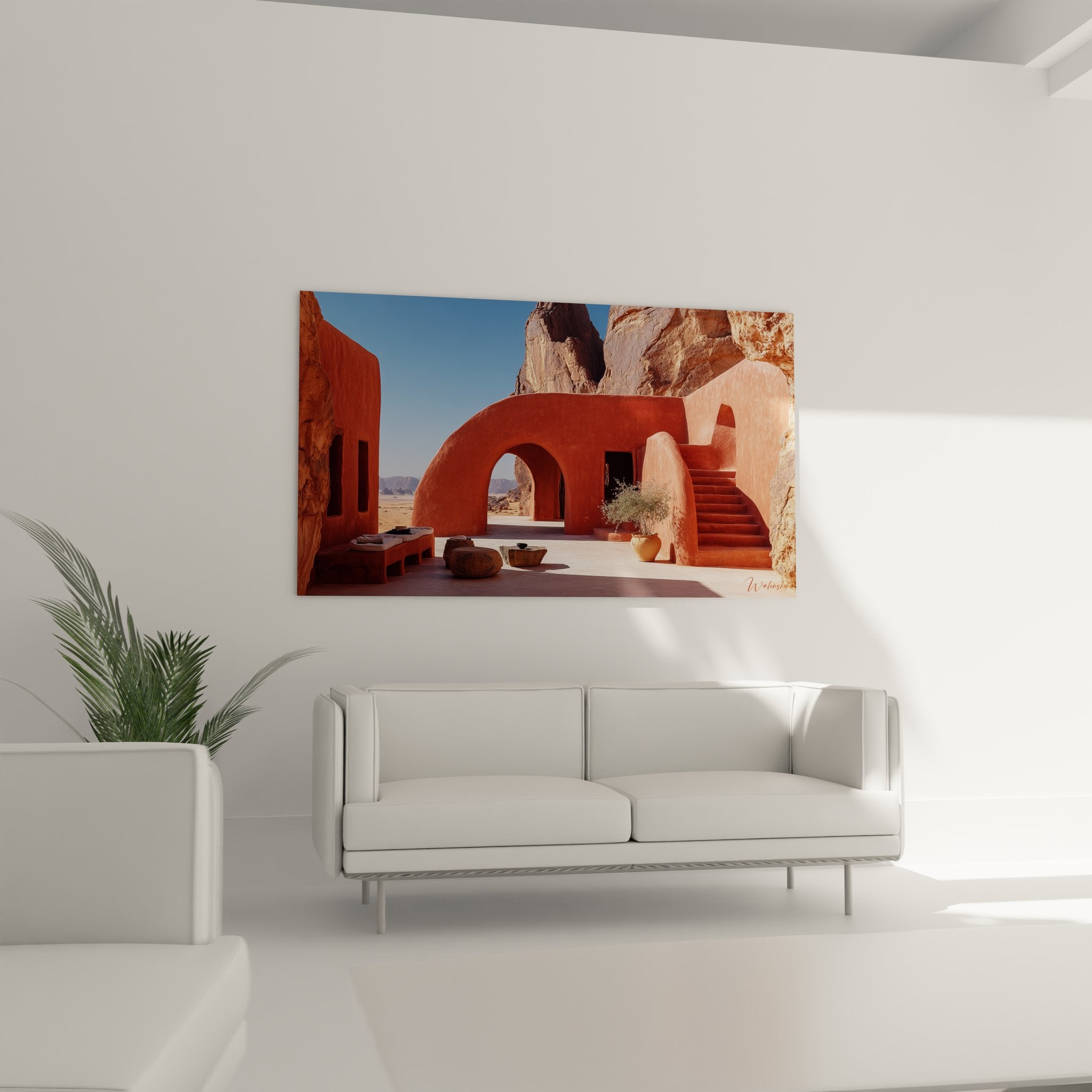 Détail architecture terre cuite rouge arches sculptées poteries traditionnelles végétation désertique