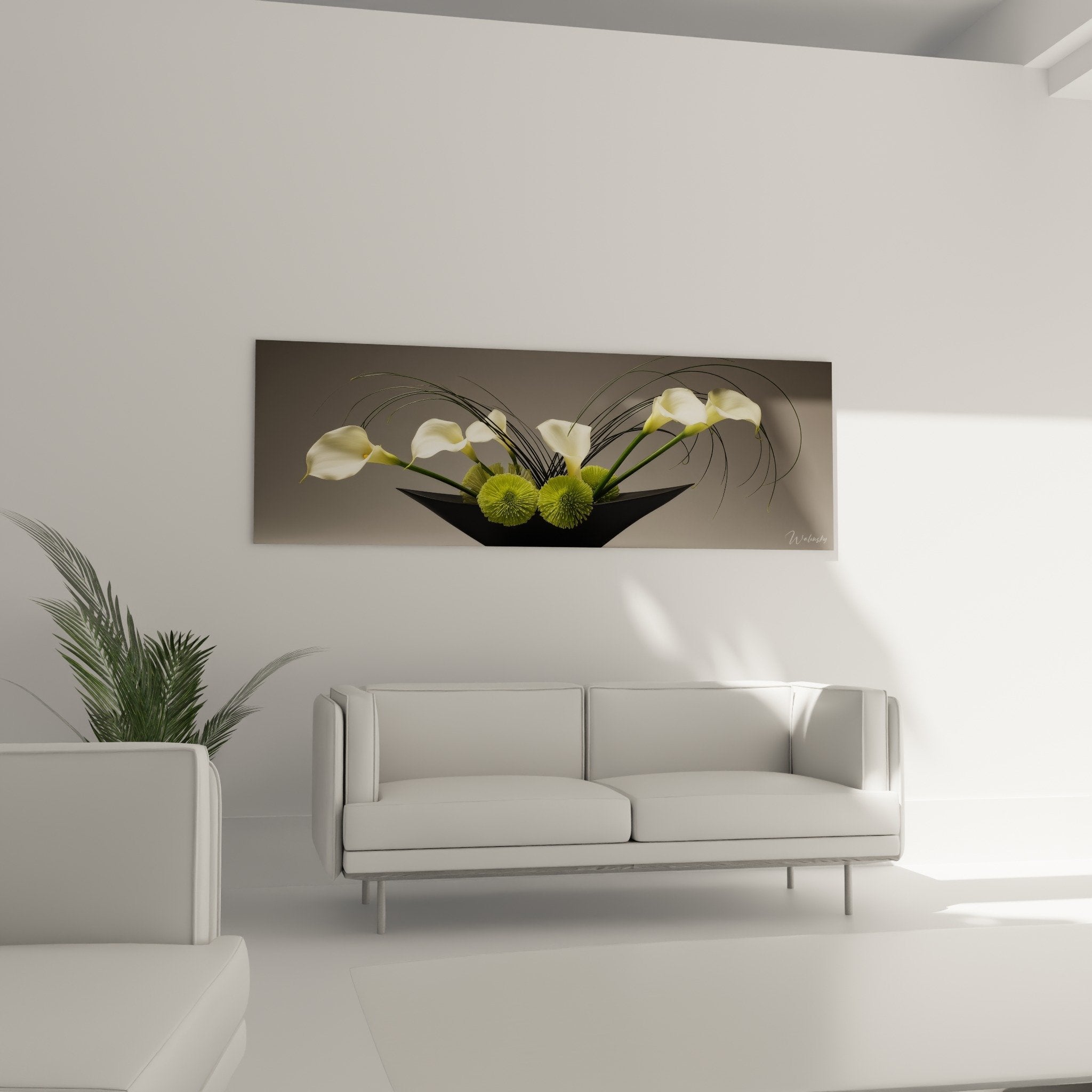 Detail arrangement floral ikebana callas blancs texture chrysanthemes verts vase geometrique noir tiges metalliques courbes