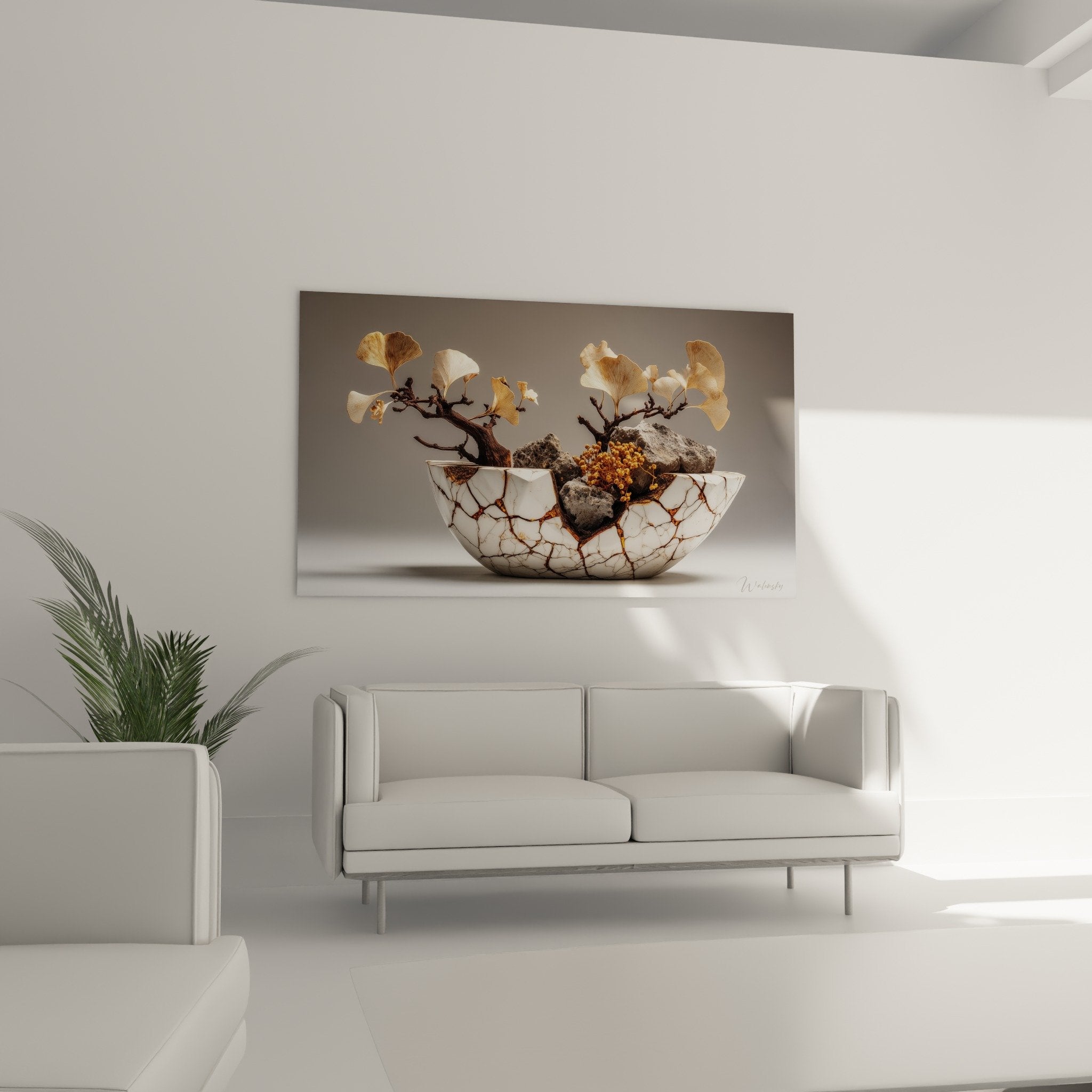 Ikebana floral arrangement detail ginkgo copper bare branches grey stones Japanese zen art composition