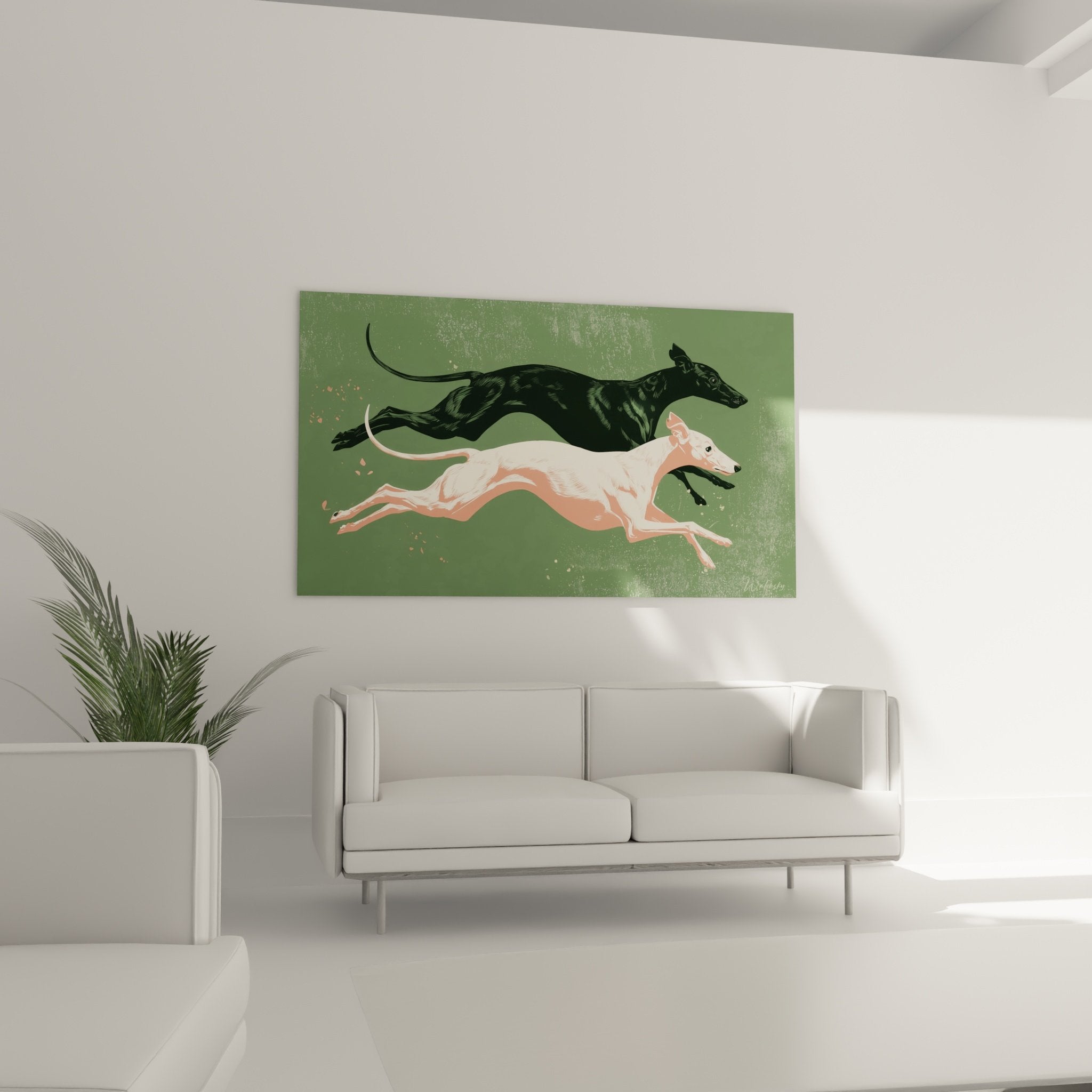 Kunstwerk-Detail dynamische Windhunde Whippets Schwarz-Weiß-Grün Kontrast Hundedekor