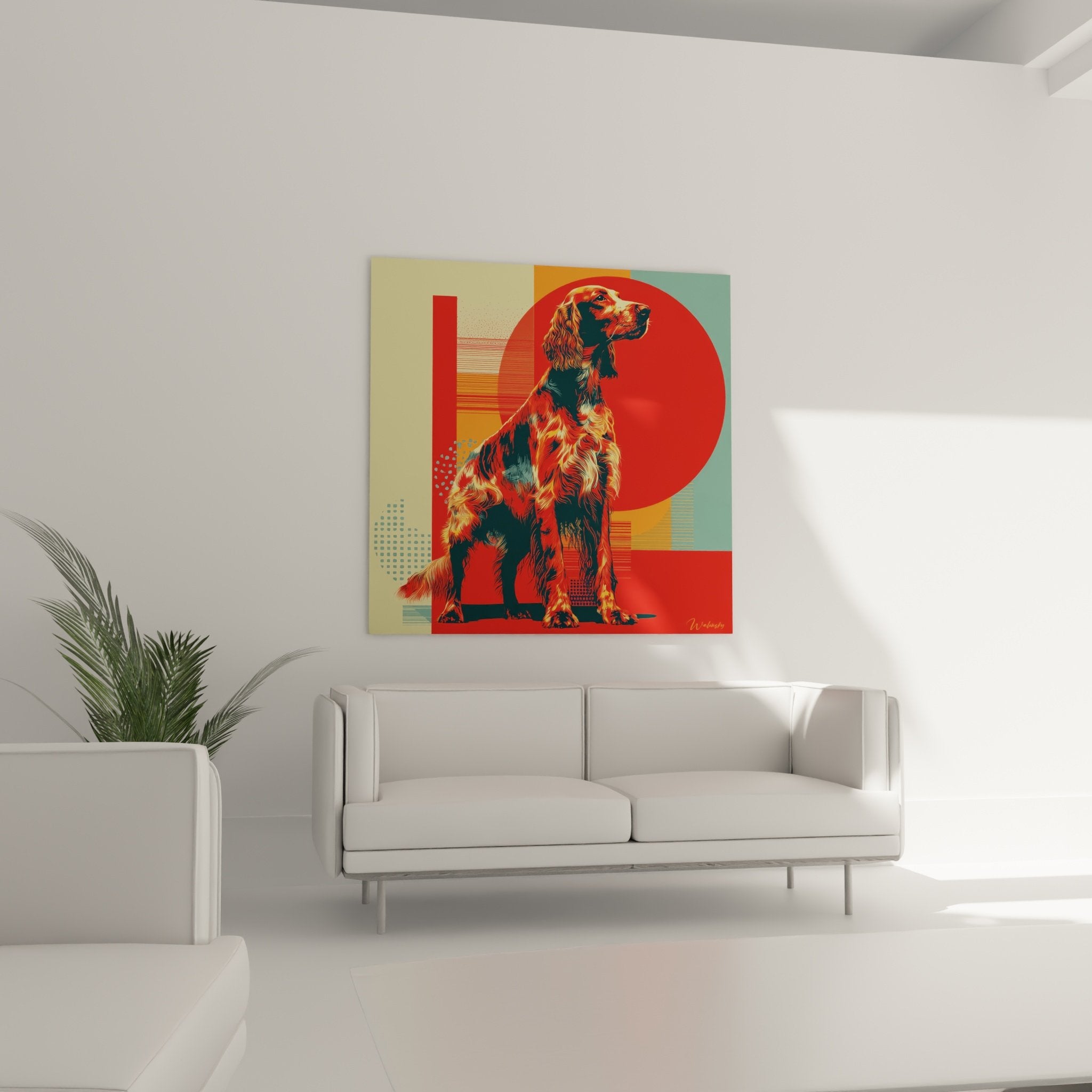 Detail eines irischen Setter-Gemäldes, zeitgenössische Kunst, geometrische Formen, warme Farben, Rot, Orange, Kupfer