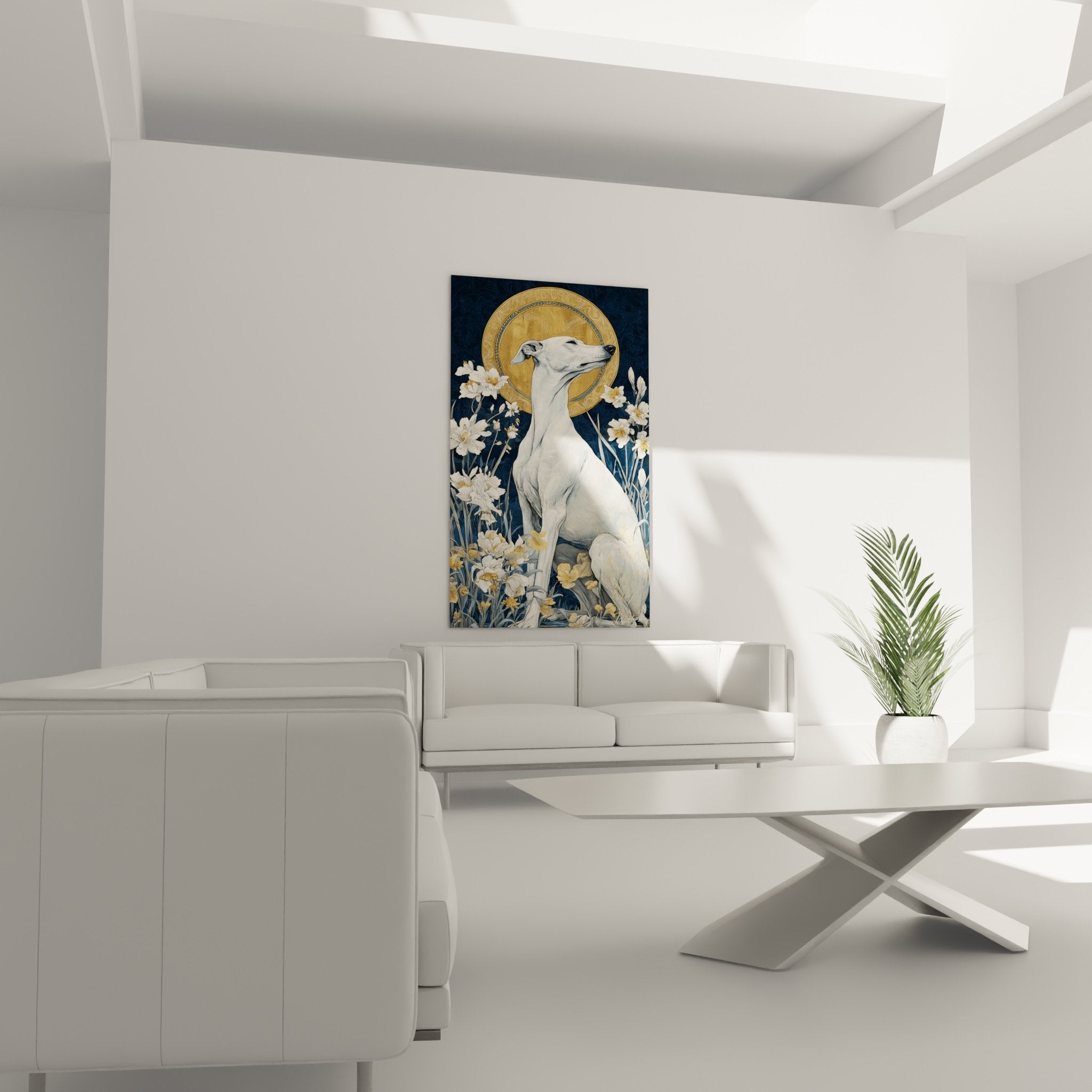 Detail aureole doree gravee levrier whippet blanc pelage nacre art decoratif raffine