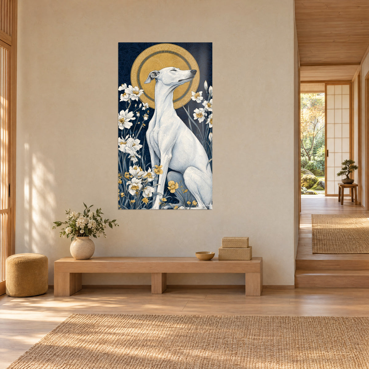 Wall art seated white whippet, muzzle raised toward an engraved golden disc, cream daffodils on navy blue, three-quarter view, Japandi style