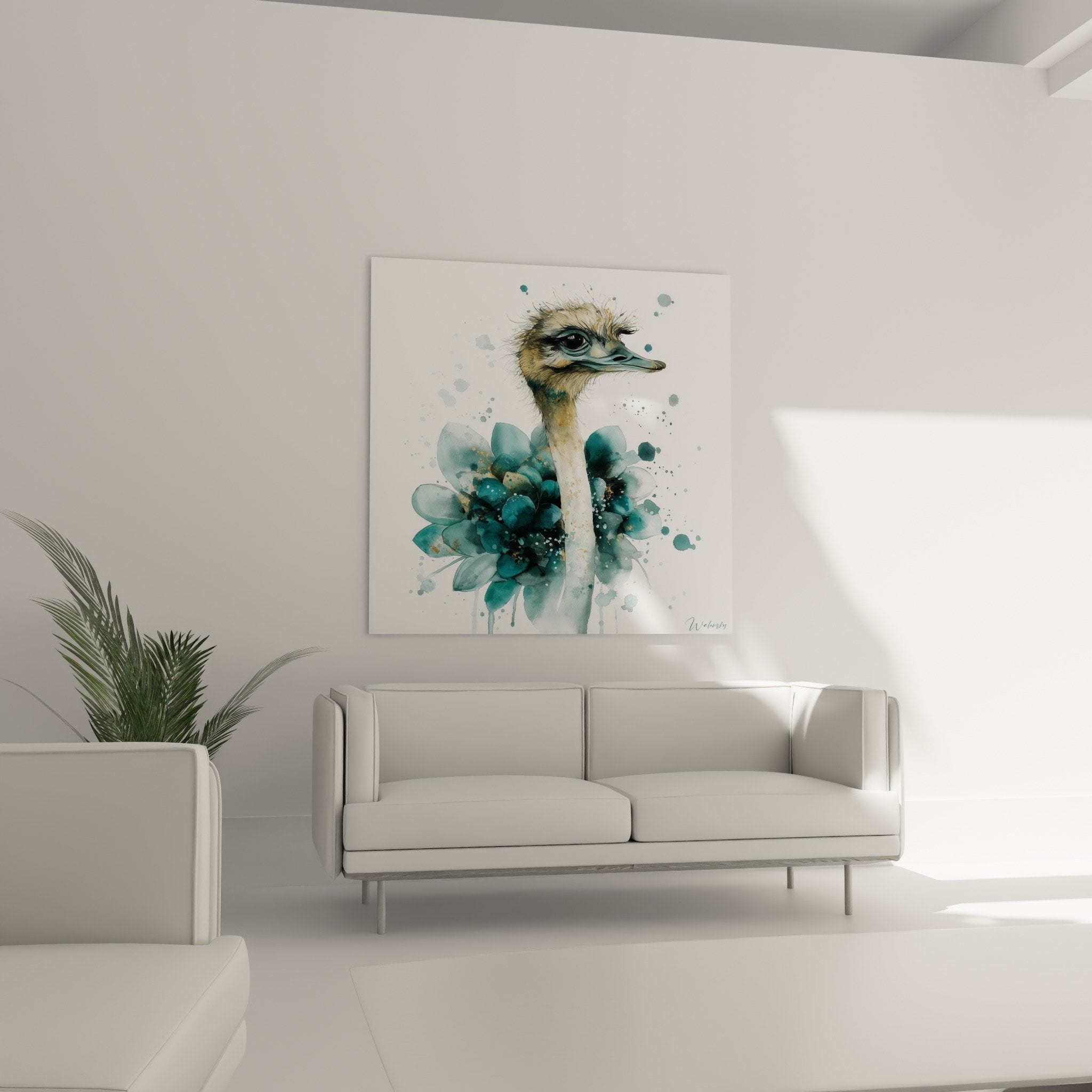 Détail aquarelle autruche plumage doré fleur teal pétales délicats art contemporain