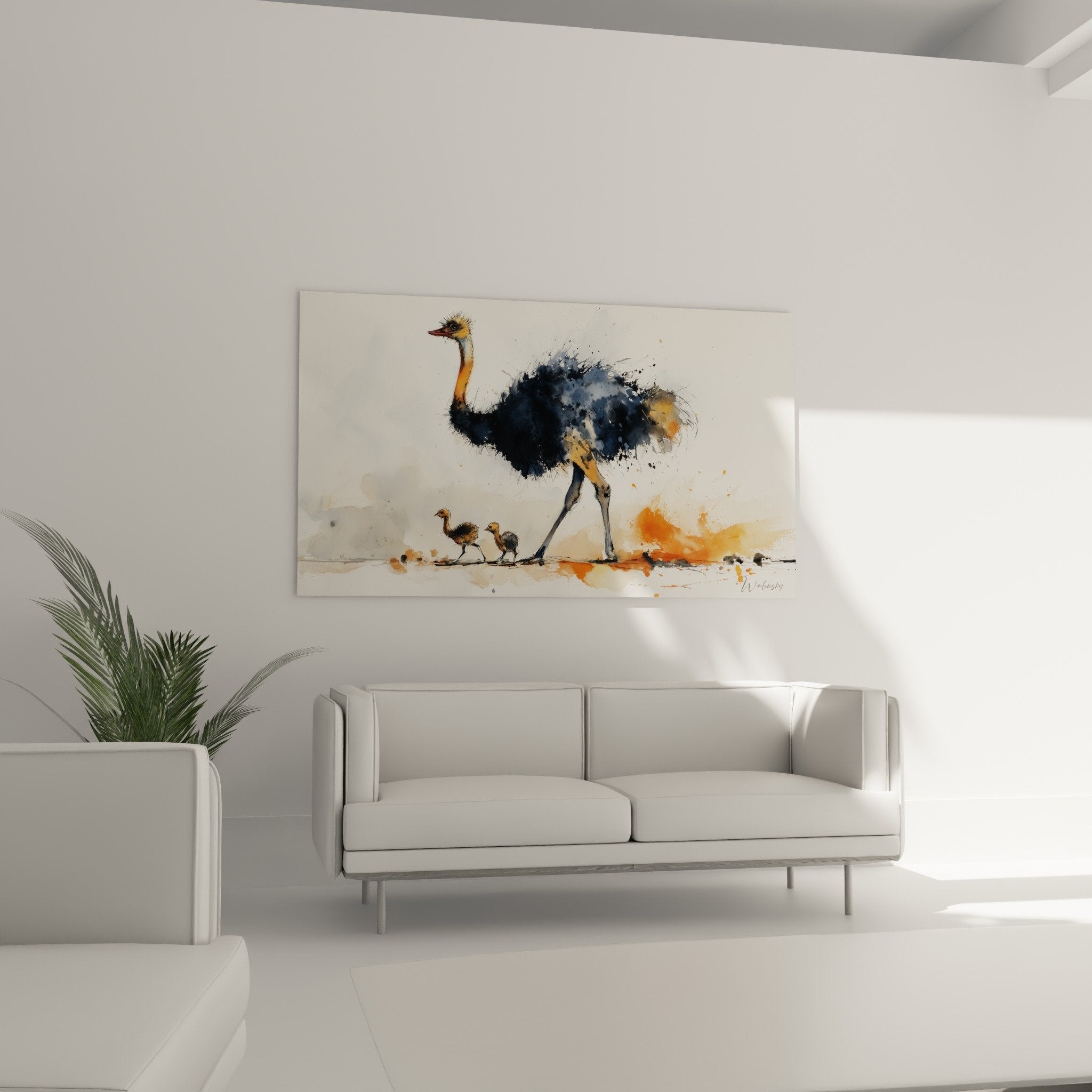 Détail tableau autruche aquarelle, tête orange et corps gris aux coulures artistiques expressives