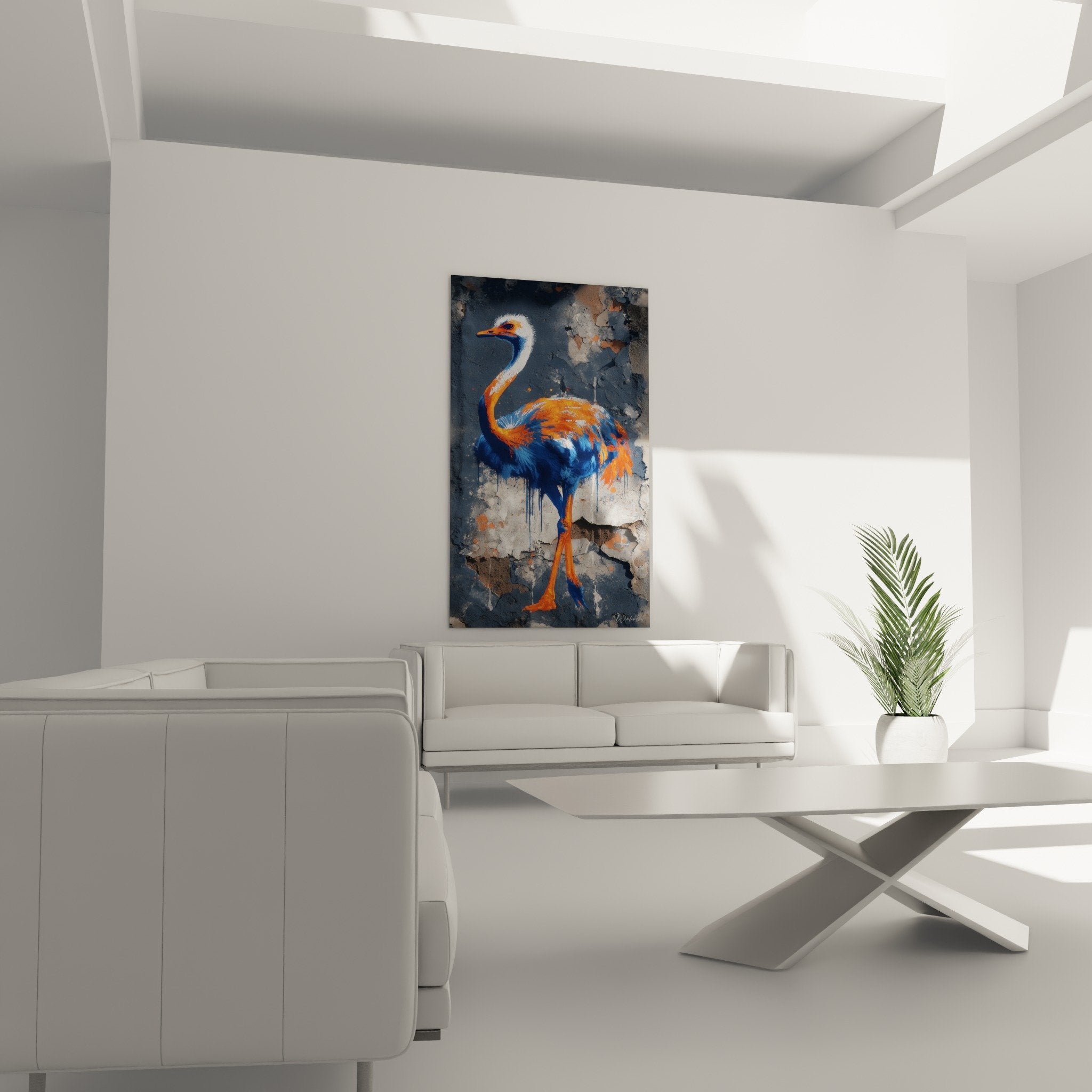 Détail rapproché autruche bleue orange plumes texture peinture coulures effet grunge art moderne
