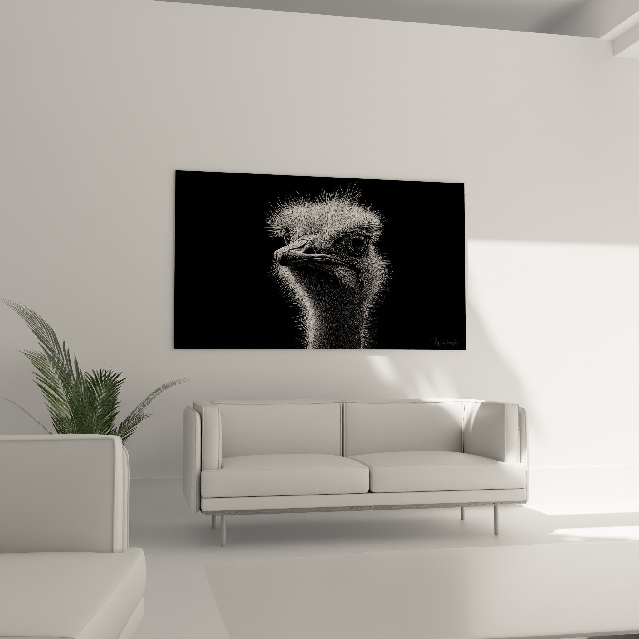 Détail portrait autruche noir blanc œil perçant plumes texturées technique gravure fine
