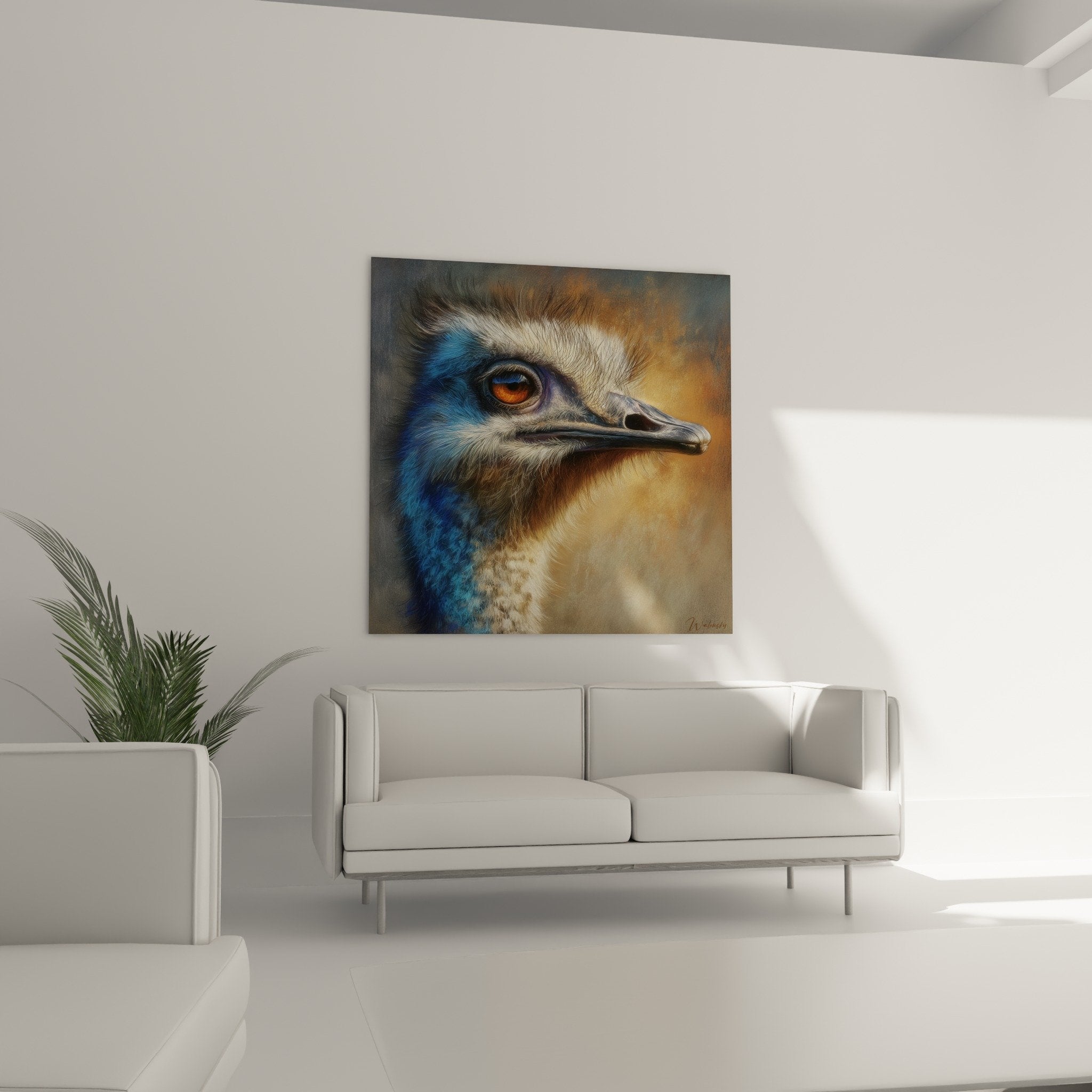 close-up detail ostrich portrait intense orange eye grey feathers realistic texture nature wall art