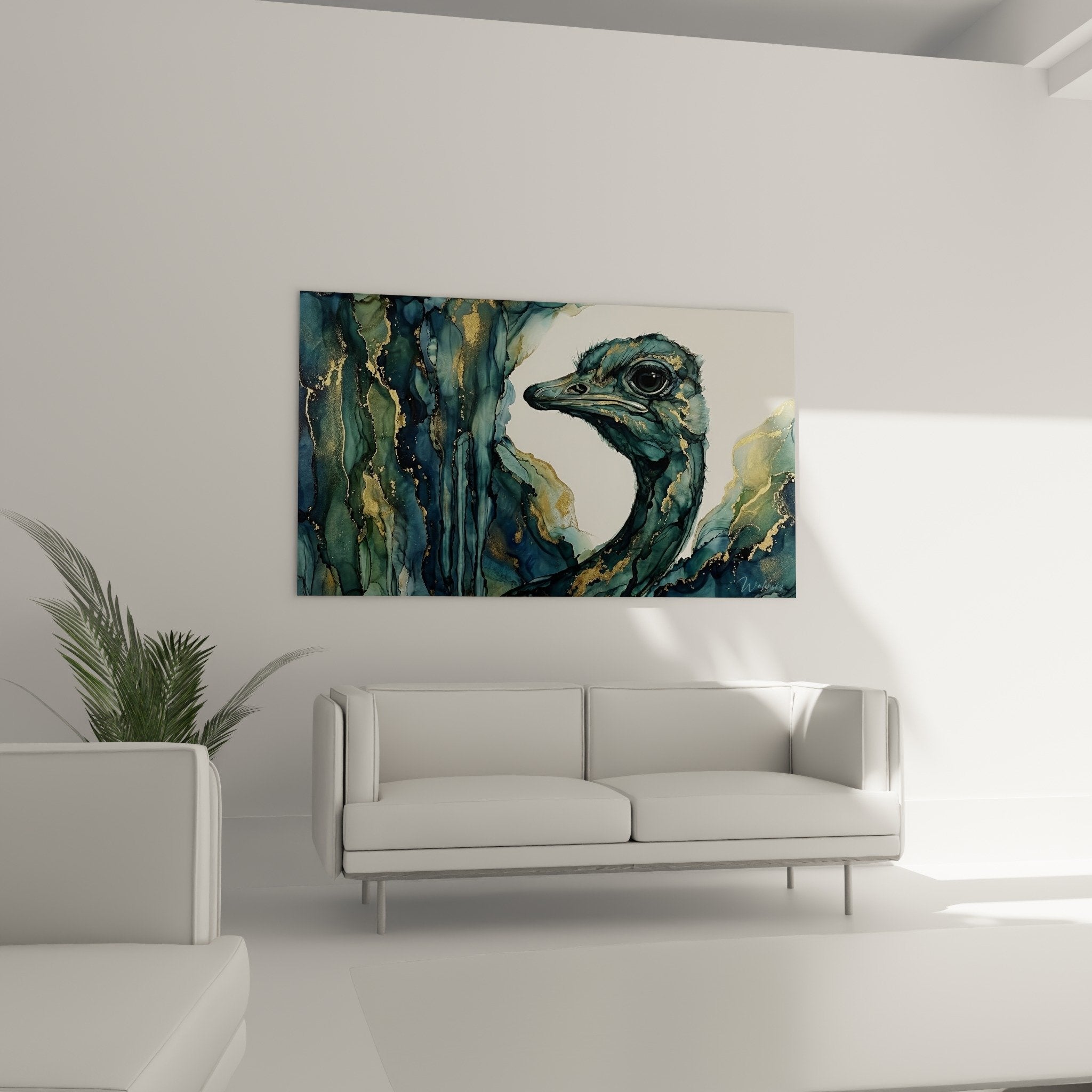 Détail tableau autruche œil noir plumage fluides bleus verts dorures art abstrait