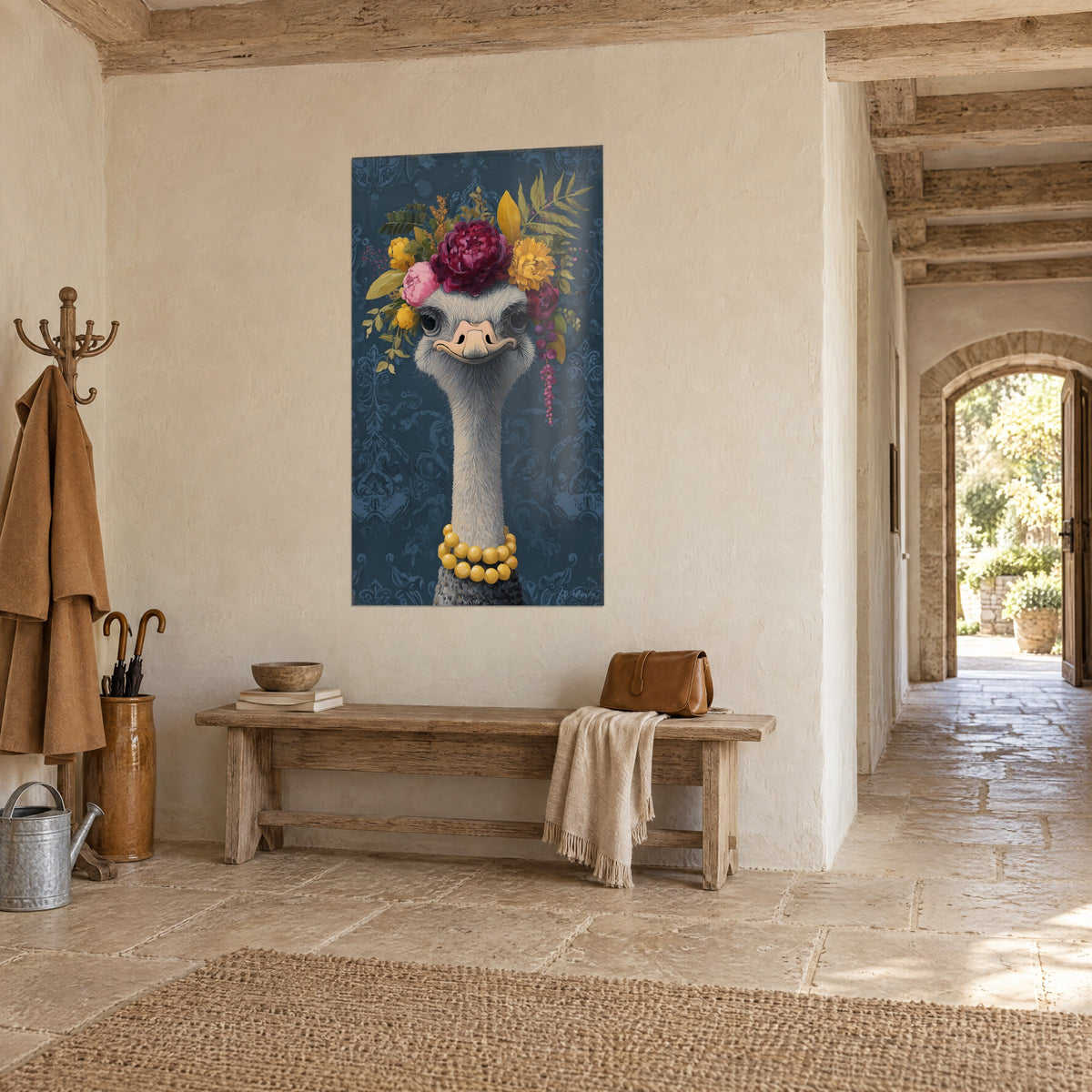 Wall art bird with a long grey neck wearing a necklace of yellow pearls, navy-blue damask patterns, wooden bench and stone corridor