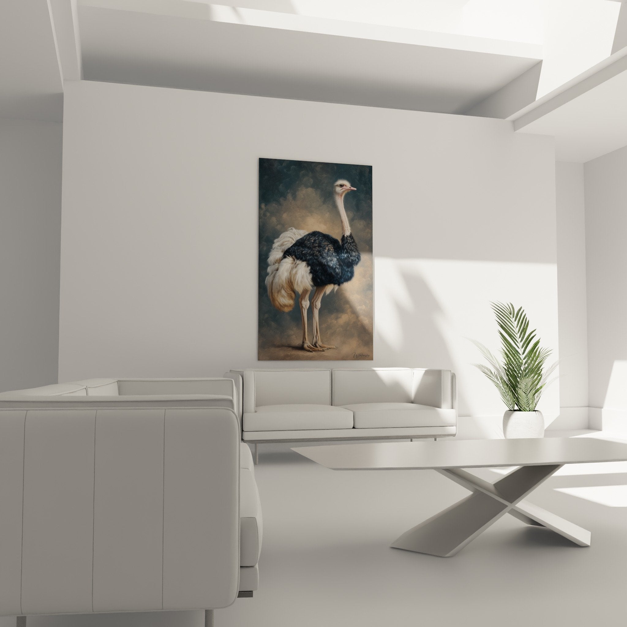 Gros plan autruche tableau detail plumes textures realistes cou elance regard intense art animalier