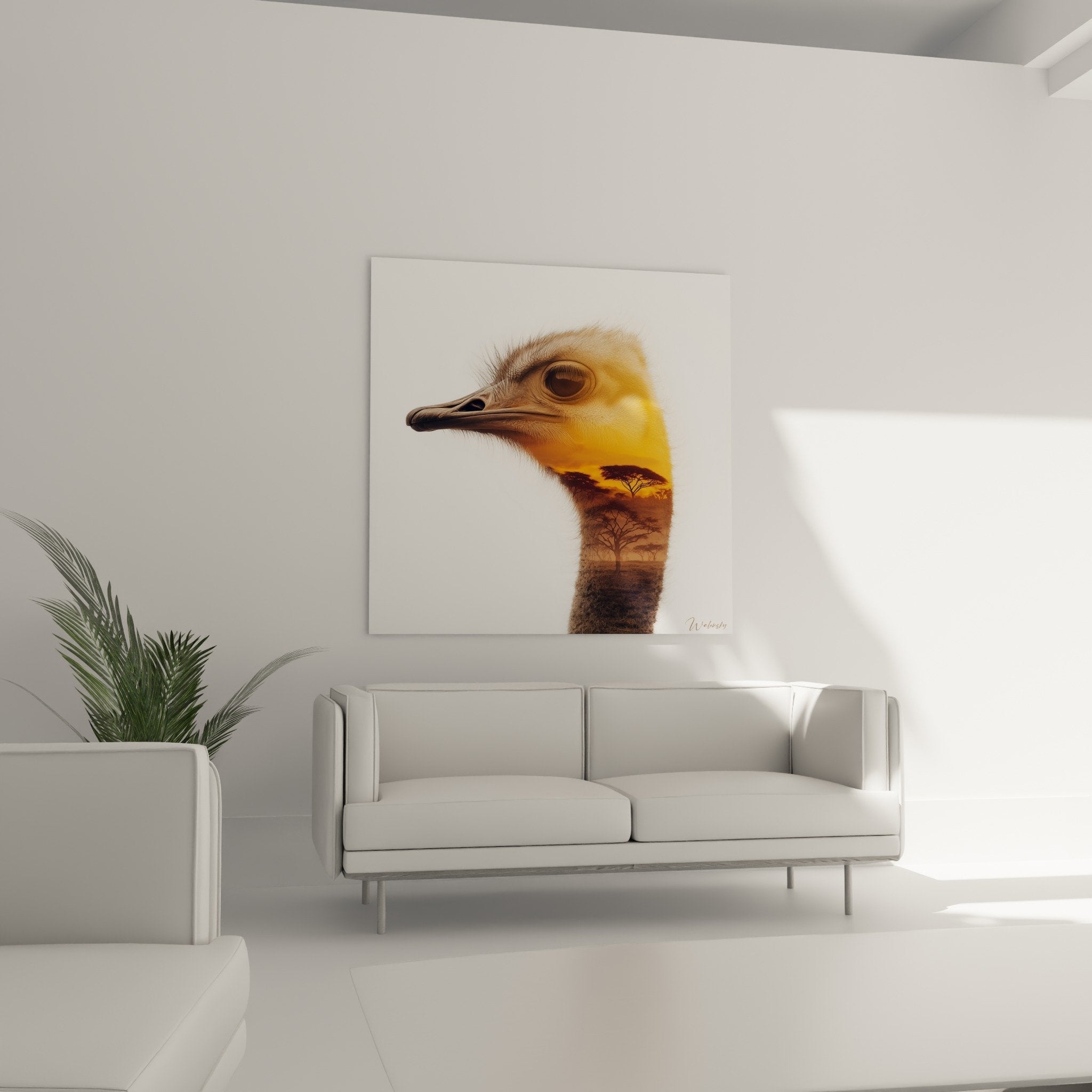 Detail portrait autruche regard intense plumage dore technique double exposition paysage integre