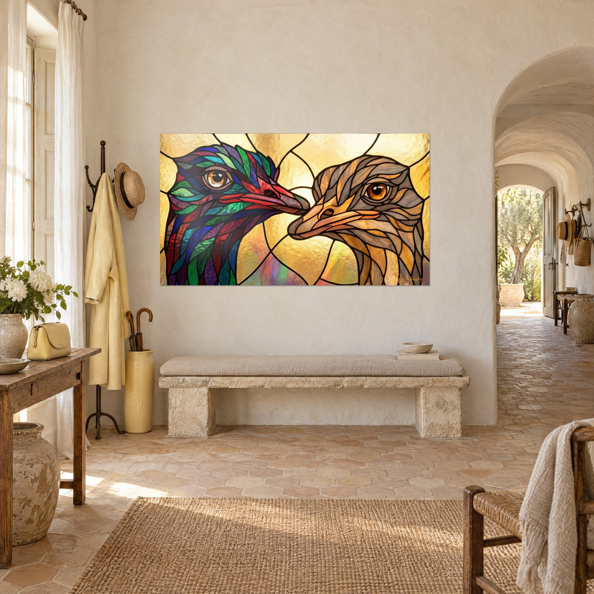 Tableau têtes d'oiseaux en vitrail, une aux plumes bleu cobalt, l'autre sable et brun, fond doré, mas provençal en vue de trois-quarts