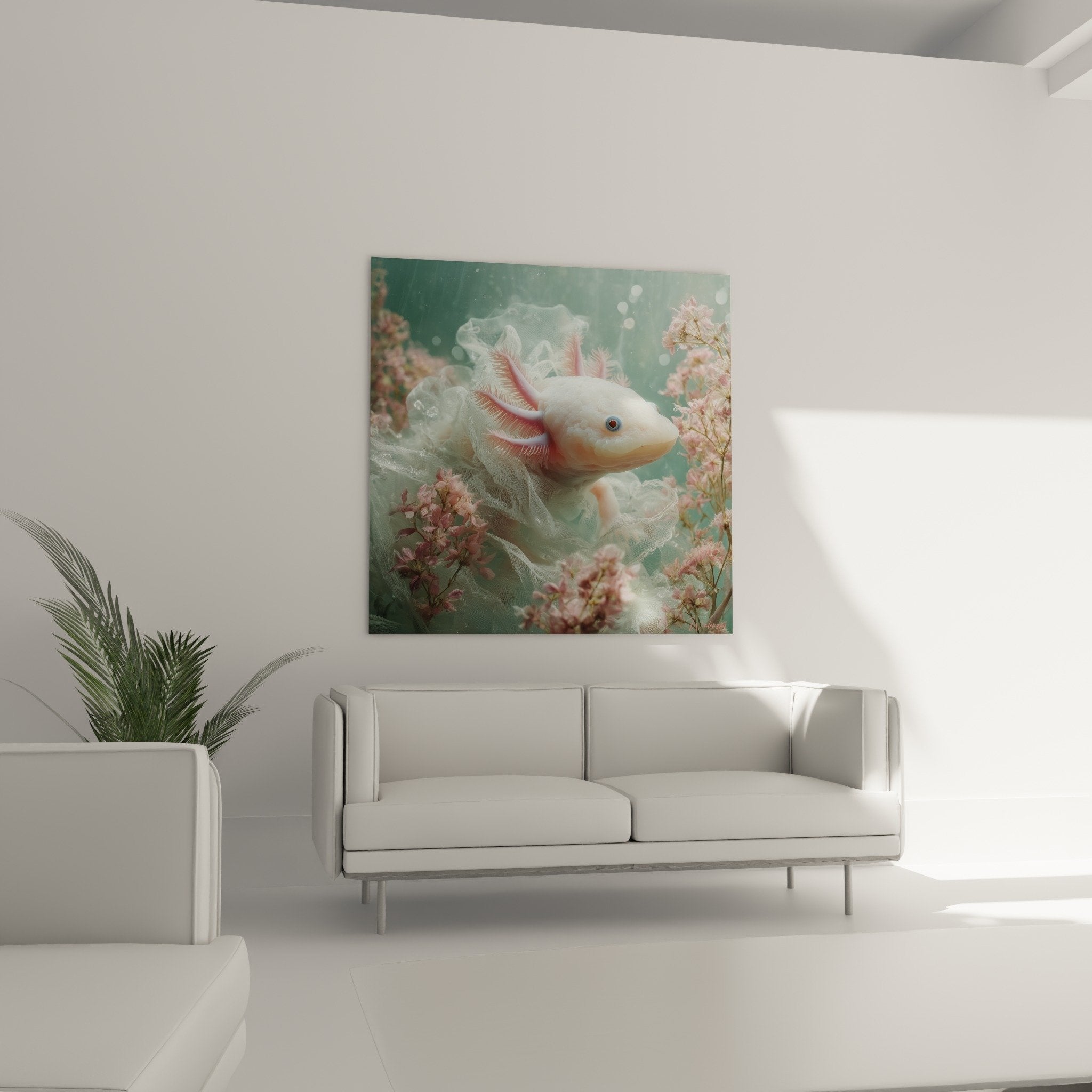 Détail axolotl blanc branchies roses bulles dentelle fleurs composition artistique